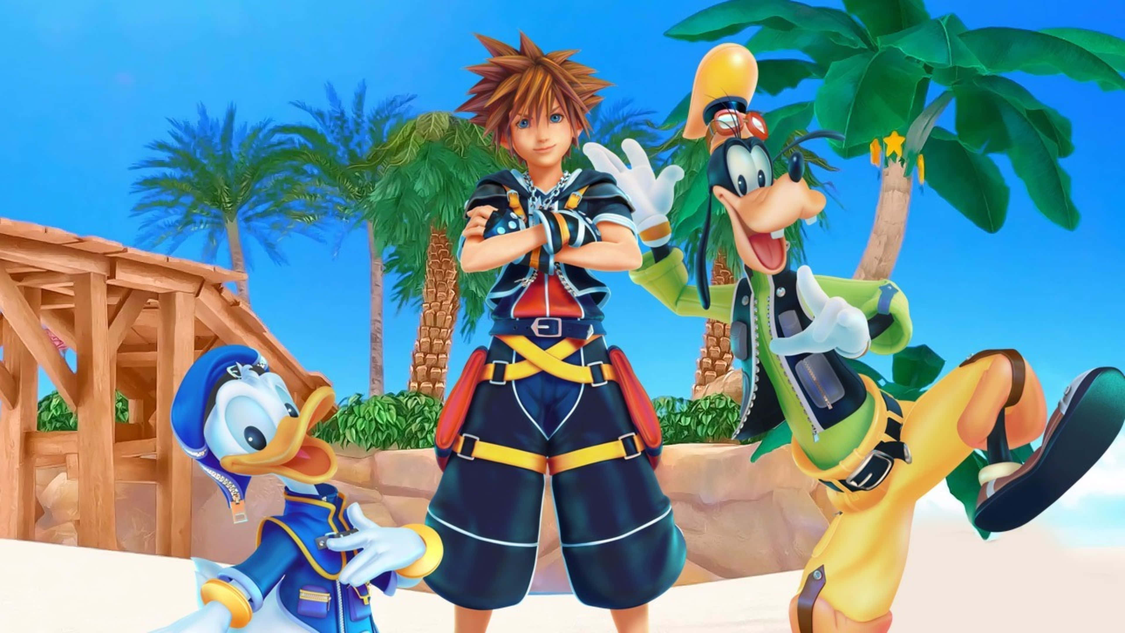 Kingdom Hearts 桌布 壁紙 — 三個動畫角色在陽光明媚的熱帶海灘上愉快地擺姿勢，背景有棕櫚樹和木結構。