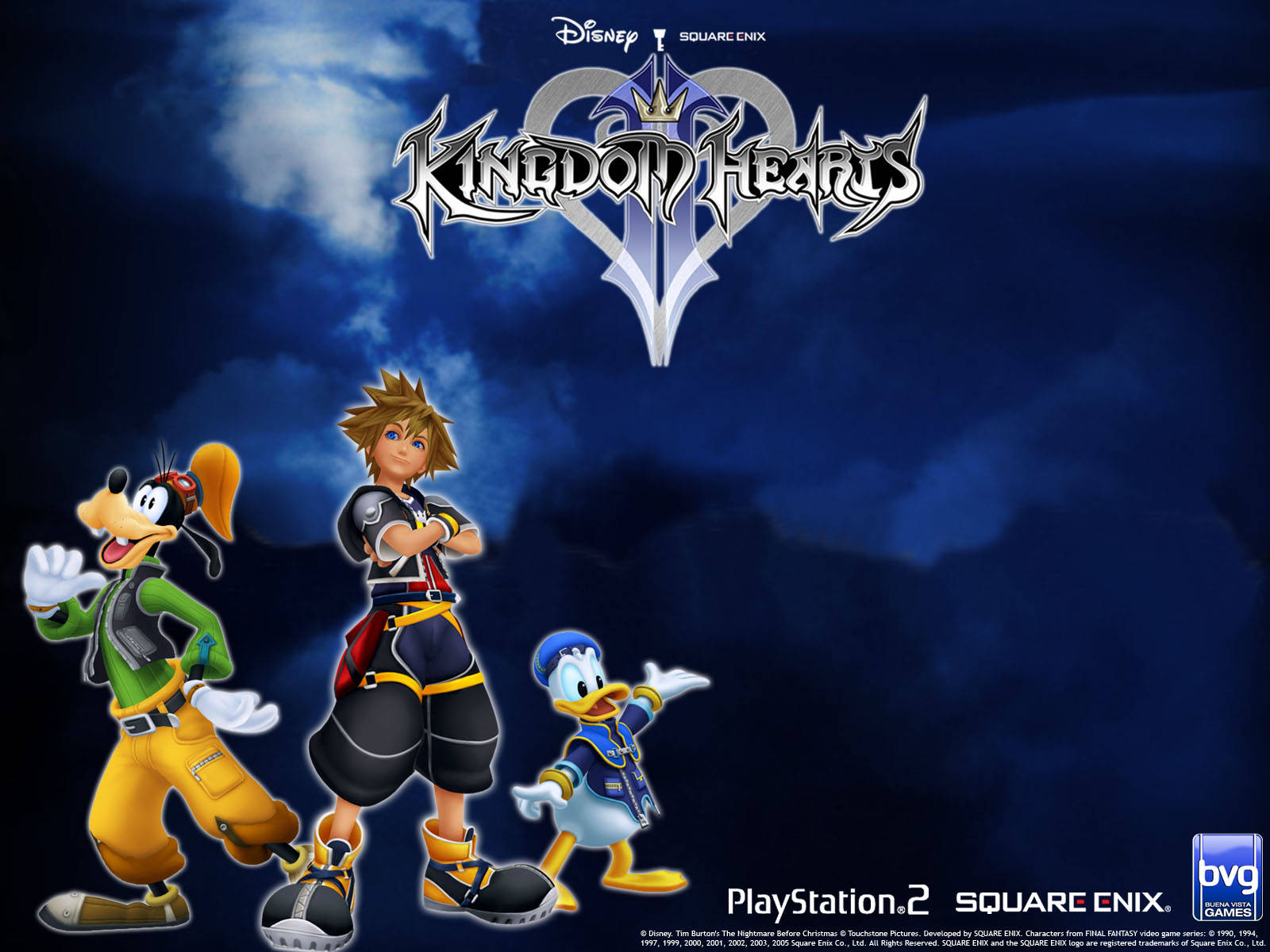 三個Kingdom Hearts角色在暴風雨的天空下英勇地擺姿勢。