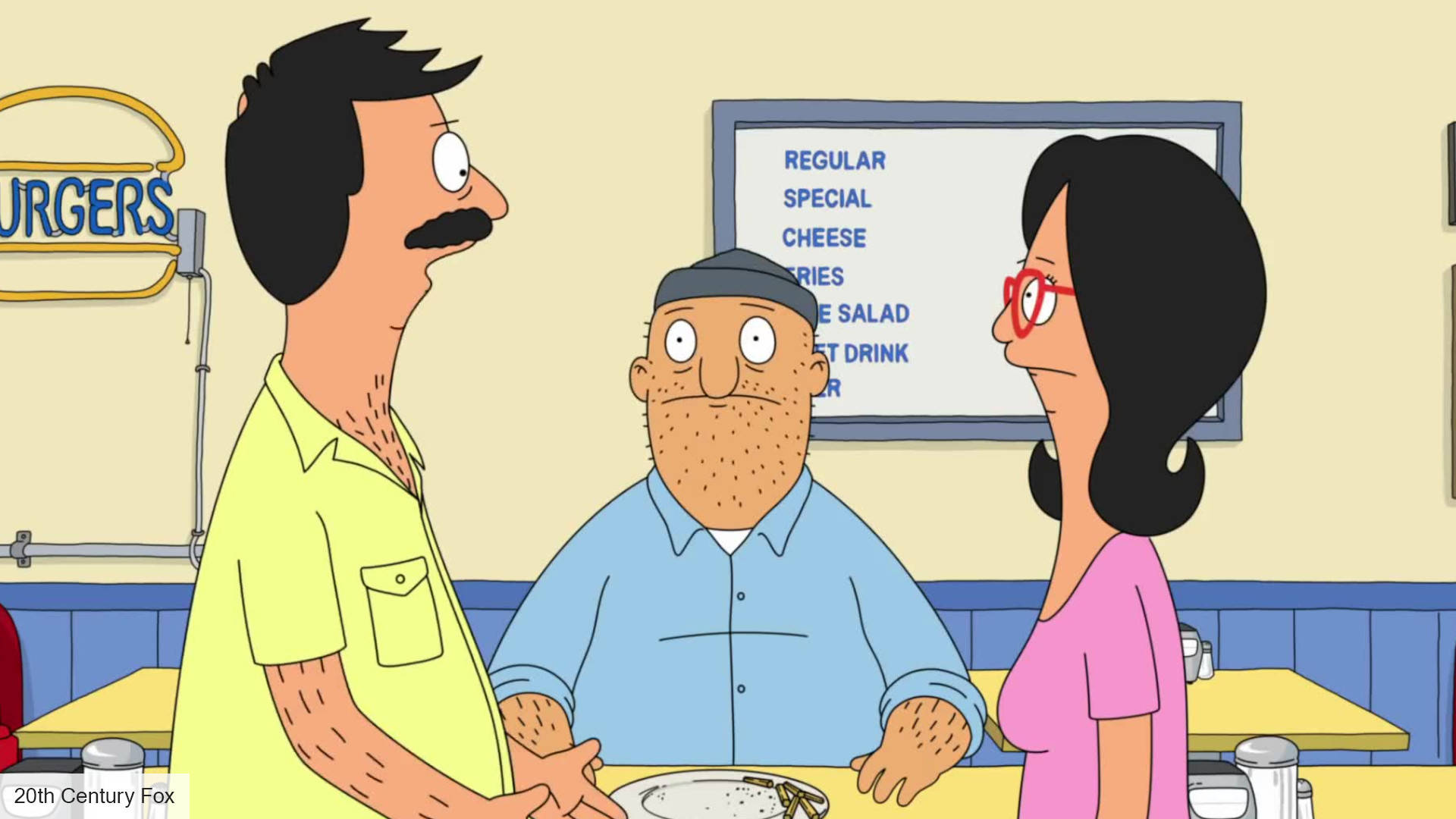 tina belcher 桌布 壁紙 — 三個動畫角色坐在一間餐車卡座，背後有菜單板。