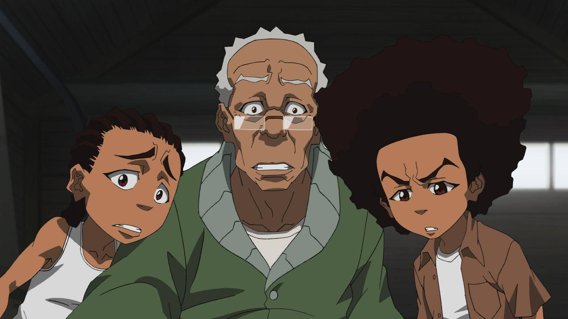 Boondocks 桌布 壁紙 — 三個動畫角色帶著憂慮的表情，在昏暗的房間裡緊靠在一起。