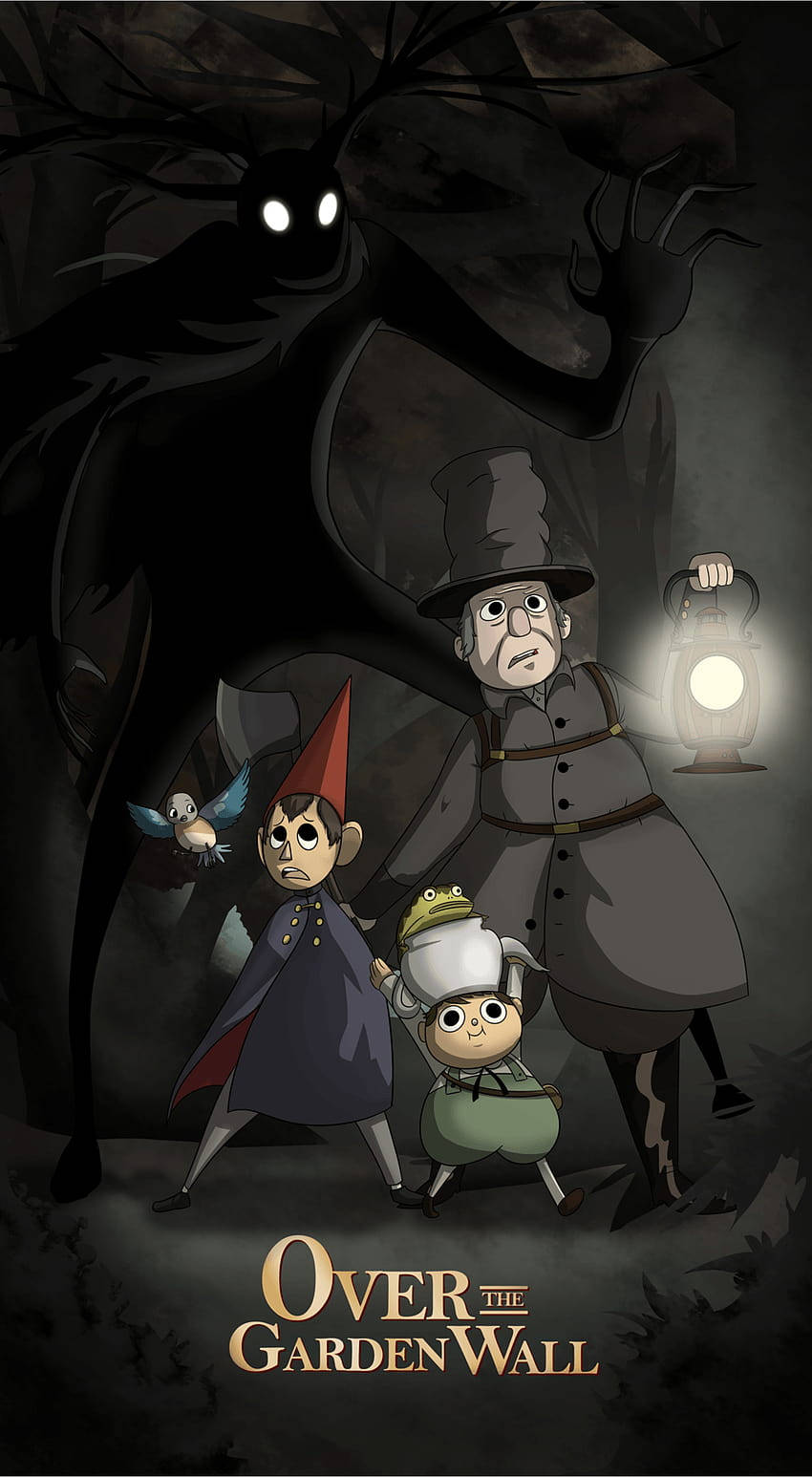 over the garden wall 桌布 壁紙 — 三個動畫角色拿著燈籠，在黑暗的森林中面對一個 looming 的陰影生物。