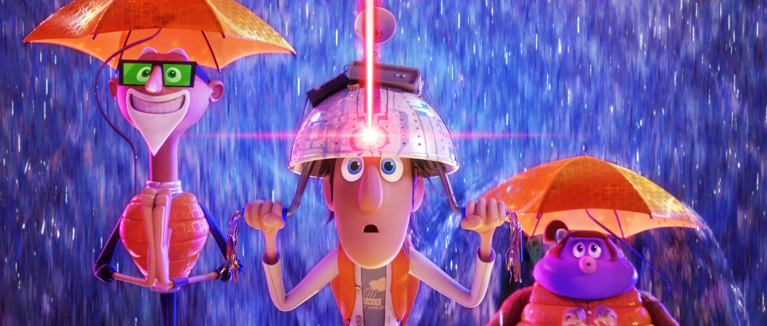 Animated 桌布 壁紙 — 三個動畫角色撐著雨傘站在傾盆大雨中，同時一個發光的雷射光束從頭盔射出。
