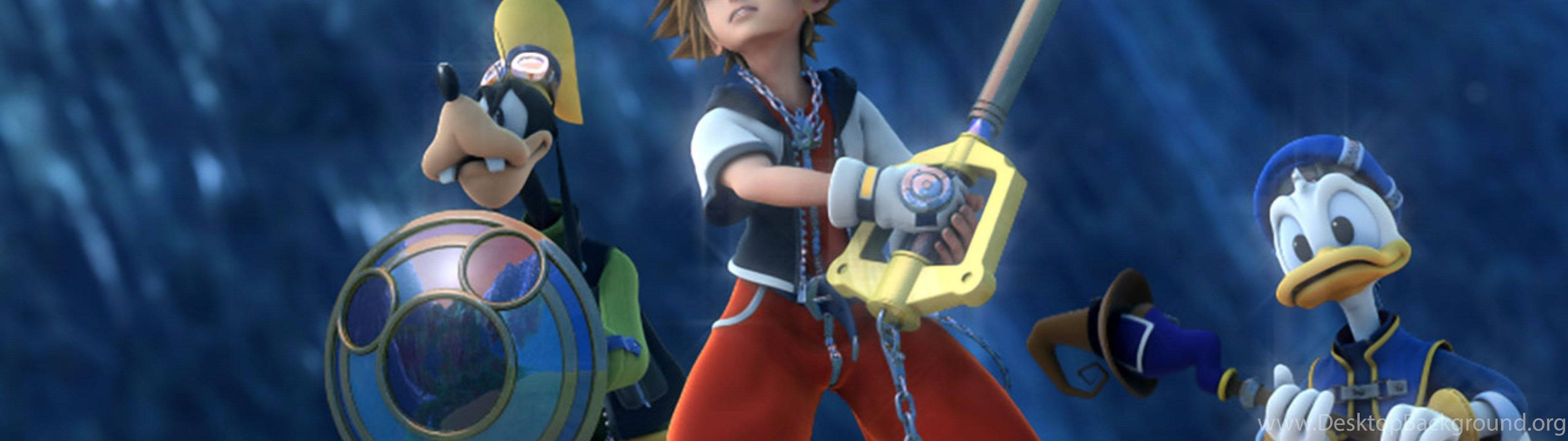 Kingdom Hearts 3 桌布 壁紙 — 三個動畫角色準備好戰鬥，背景是深藍色的暴風雨。