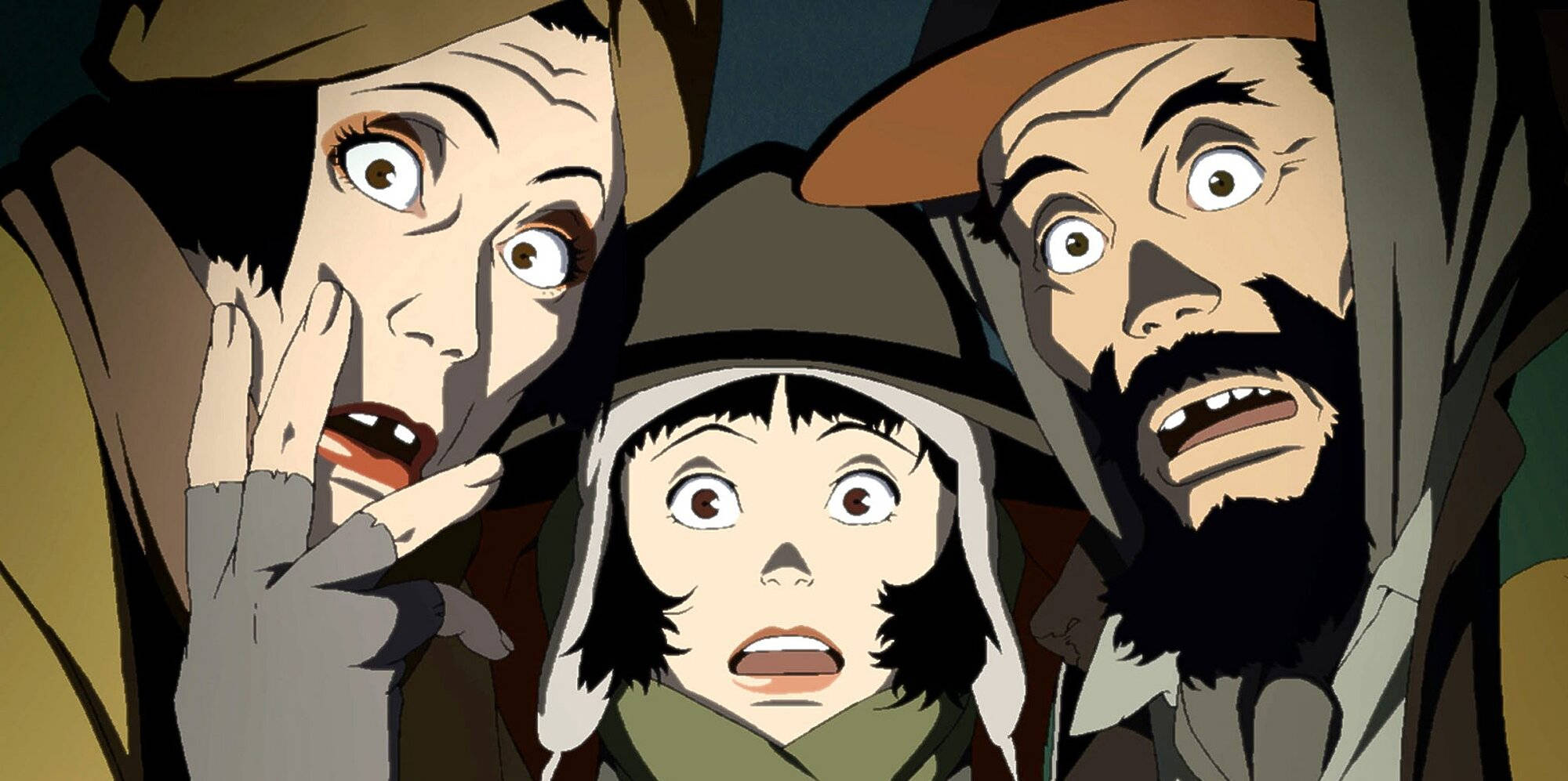 satoshi kon 桌布 壁紙 — 三個動畫角色睜大眼睛、張開嘴巴，在黑暗背景下震驚地凝視。