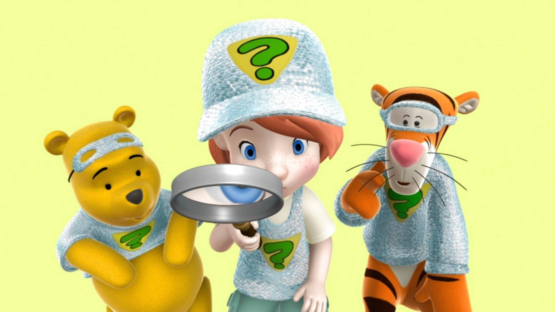 winnie the pooh 桌布 壁紙 — 三個動畫角色穿著偵探服裝，手持放大鏡，背景為淡黃色。