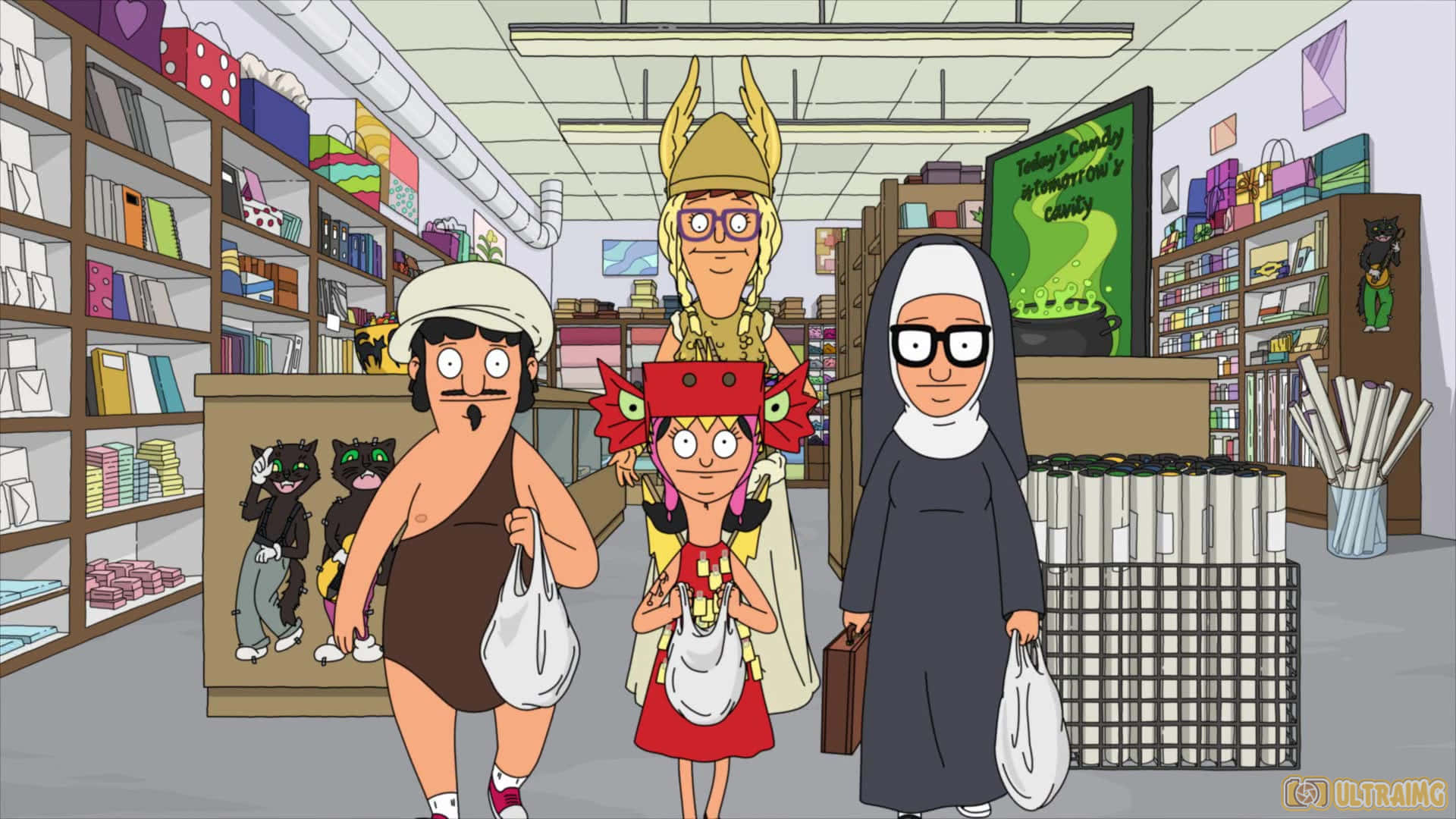 bob's burgers 桌布 壁紙 — 三個動畫角色穿著服裝走過一間燈光明亮、貨架上擺滿色彩繽紛商品的商店。