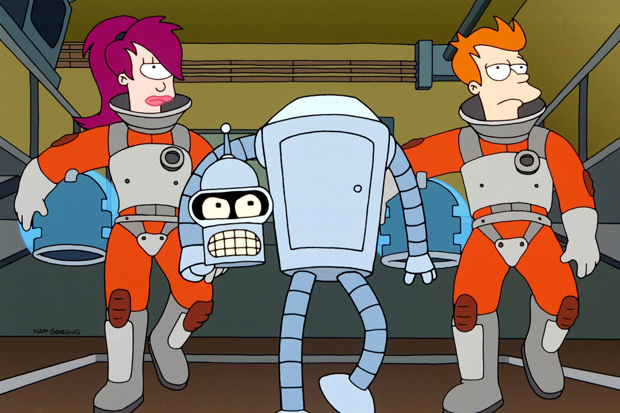 Futurama 桌布 壁紙 — 三個動畫角色穿著橙色太空衣站在太空船內，中間有一個機器人。
