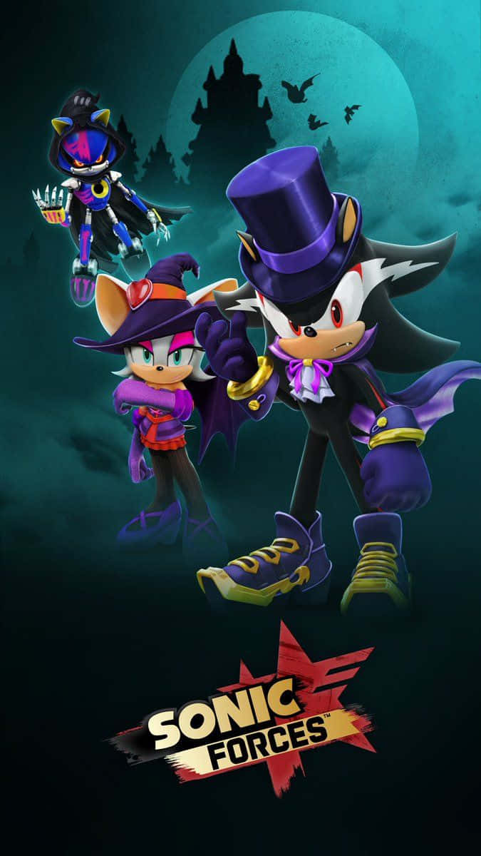 Sonic Forces Speed Battle 桌布 壁紙 — 三個動畫角色穿著萬聖節服裝，在滿月下的鬼怪城堡前擺姿勢。