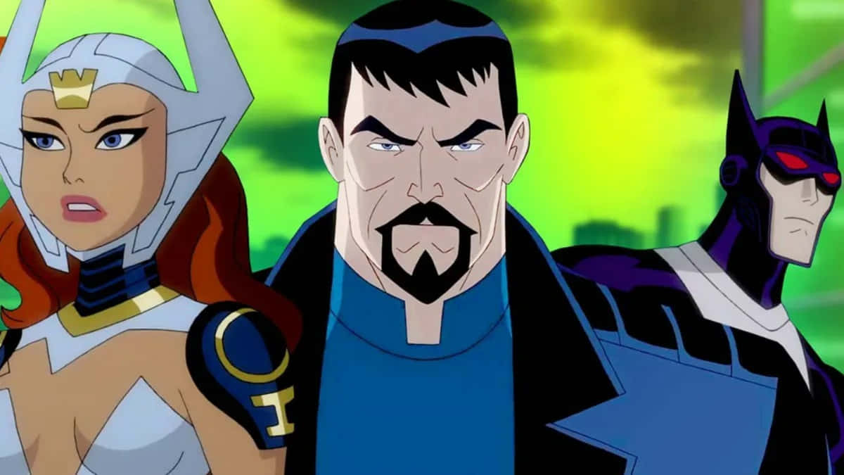 Justice League Gods And Monsters 桌布 壁紙 — 三個動畫超級英雄以緊張的陣型站在發光的綠色背景前。