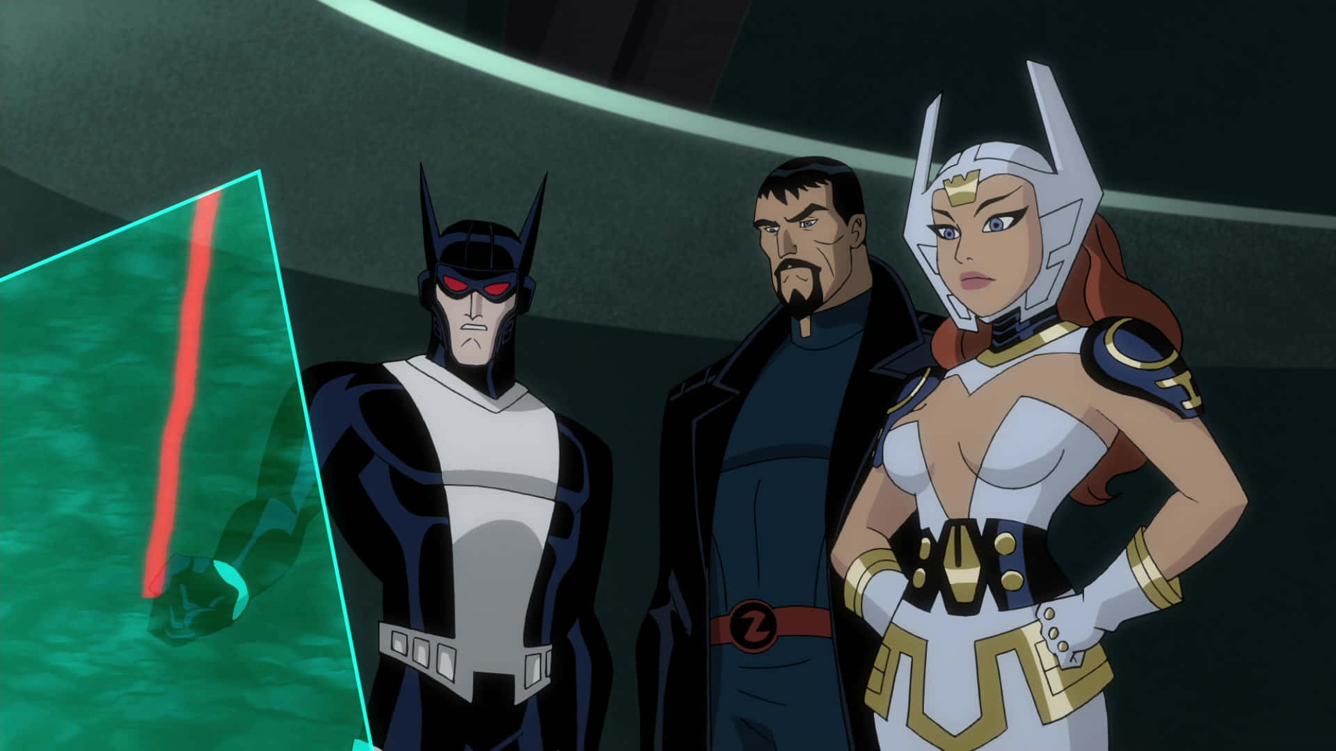 Justice League Gods And Monsters 桌布 壁紙 — 三個動畫超級英雄站在一個昏暗的未來感房間中，帶有發光的綠色面板和紅色燈光點綴。