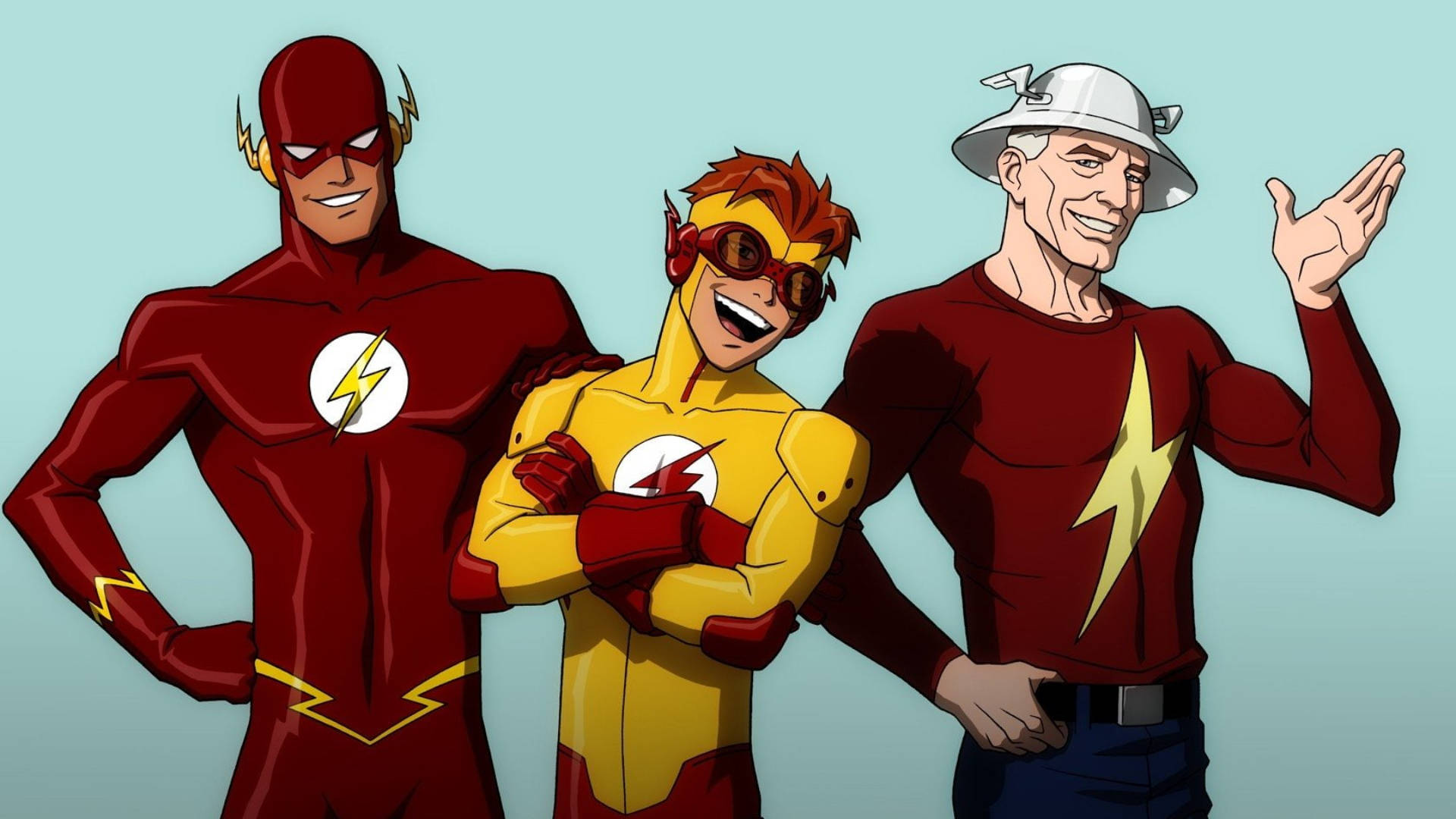 Flash 桌布 壁紙 — 三個動畫閃電俠角色穿著紅色和黃色套裝，自信地站在純青色背景前。
