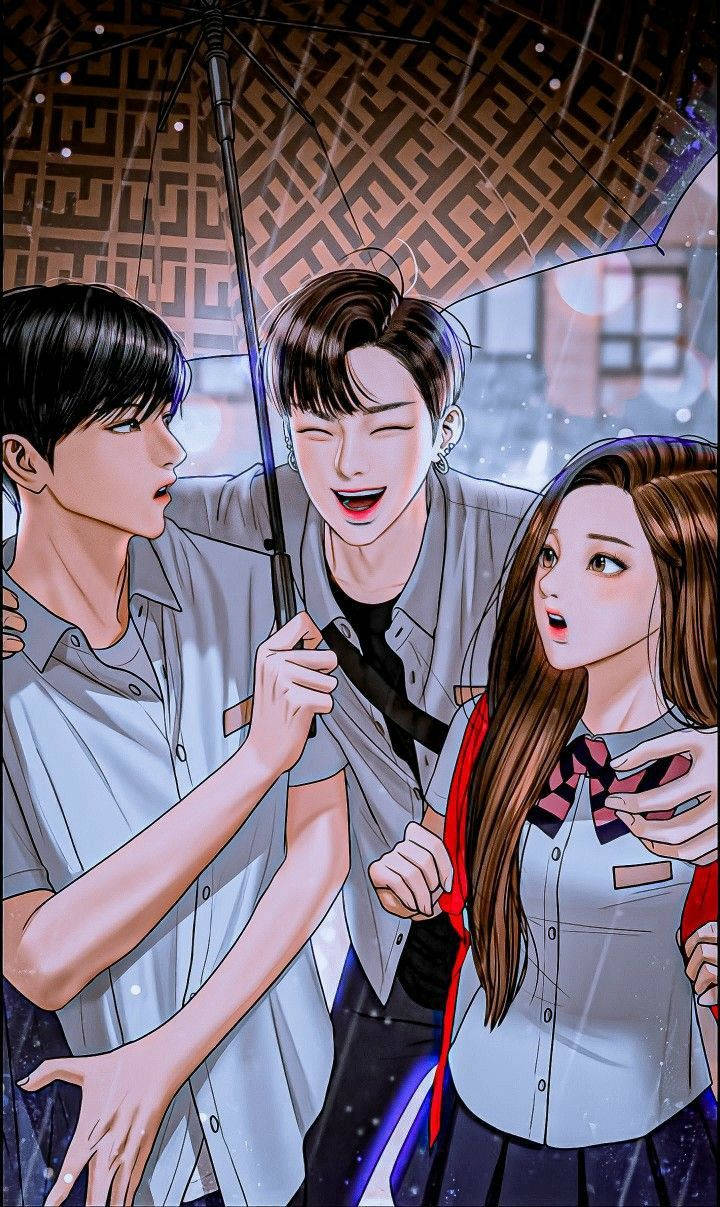 True Beauty 桌布 壁紙 — 三個動畫青少年在雨中城市場景中共享一把圖案雨傘，周圍有發光的燈光和驚訝的表情。