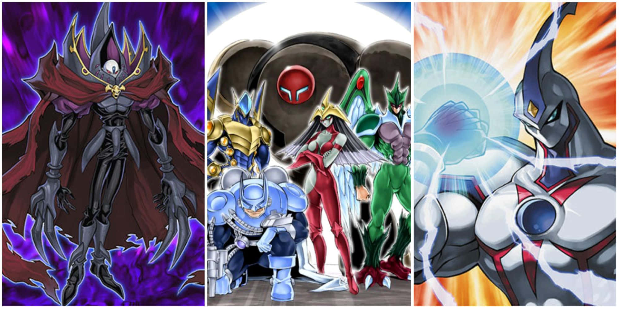 Yugioh Elemental Hero 桌布 壁紙 — 三個動畫面板展示了一個身穿黑袍的惡棍、一個英雄團隊和一個身穿發光盔甲的戰士，姿勢充滿動感。
