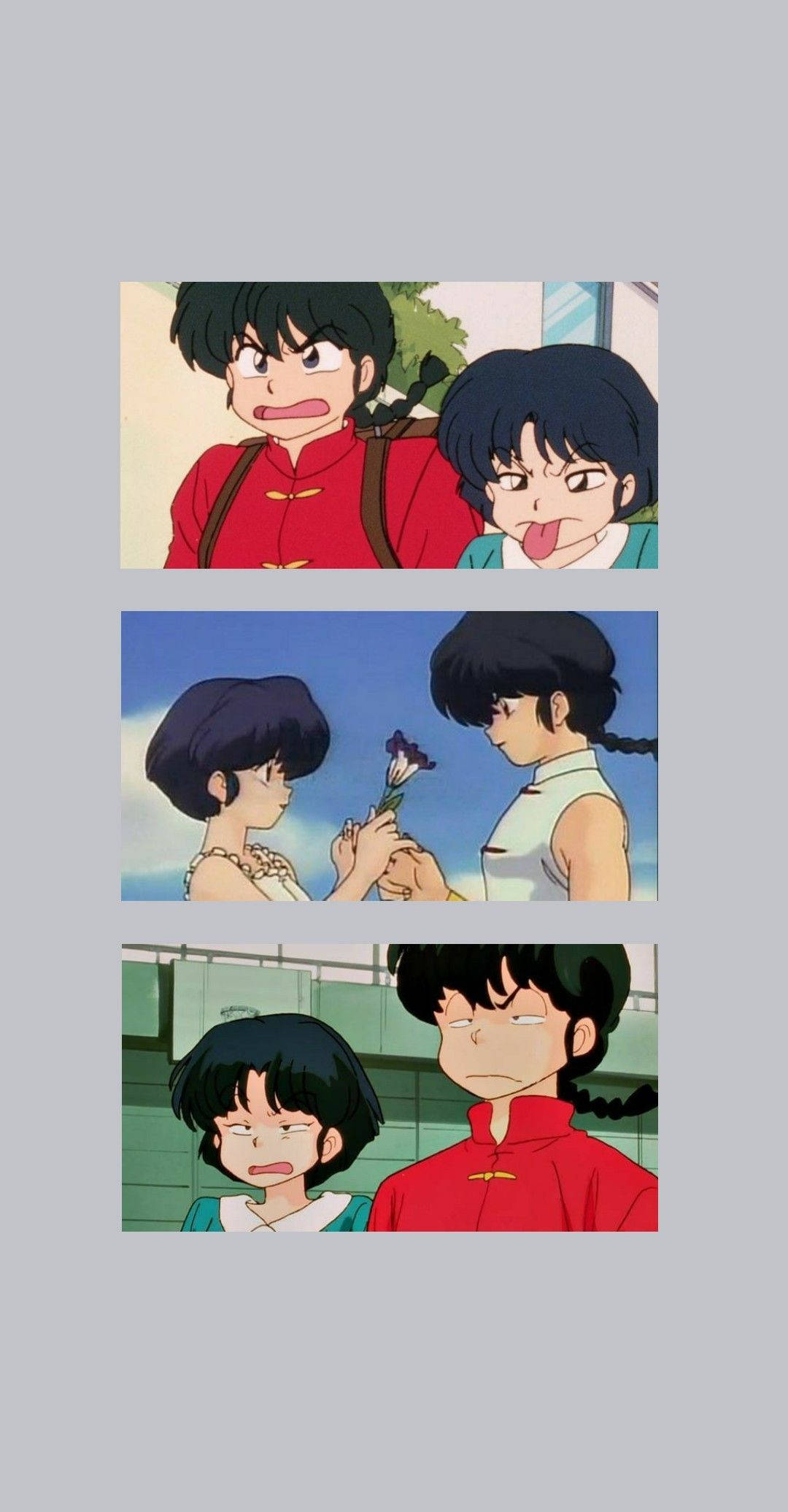 可愛動漫 桌布 壁紙 — 三個動畫面板顯示一個穿紅色衣服的男孩和一個穿青綠色衣服的女孩，表情從頑皮到惱怒不等。