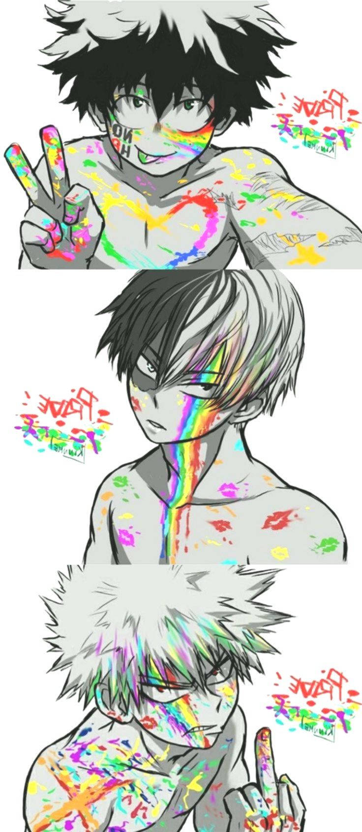 Todobakudeku 桌布 壁紙 — 三個動畫面板顯示一個頭髮豎起、沾滿彩色油漆飛濺的男孩，做出和平手勢和鬼臉。