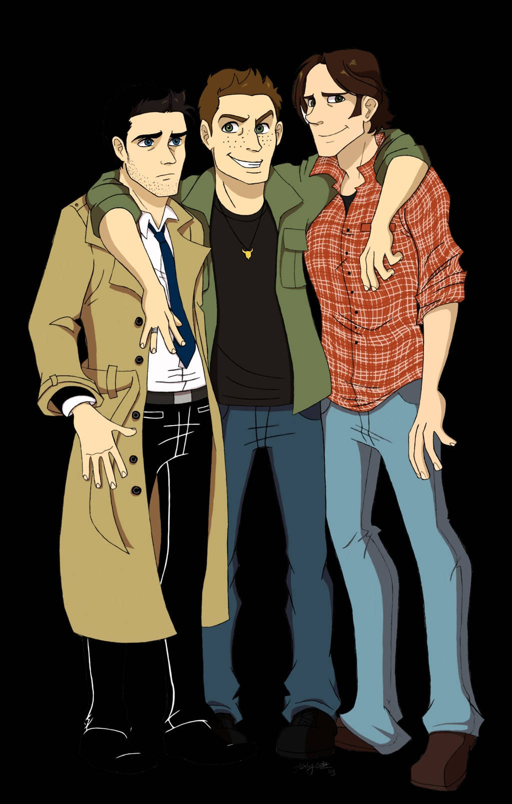 3 Best Friends 桌布 壁紙 — 三個動畫風格的男人穿著休閒服裝，在黑色背景前緊密站在一起，手臂搭在肩膀上。