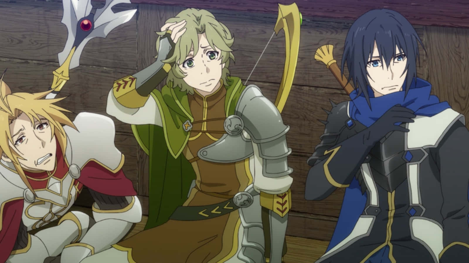 Shield Hero 桌布 壁紙 — 三個動畫騎士穿著精細盔甲，一起坐在木牆前，每人手持武器，表情嚴肅。