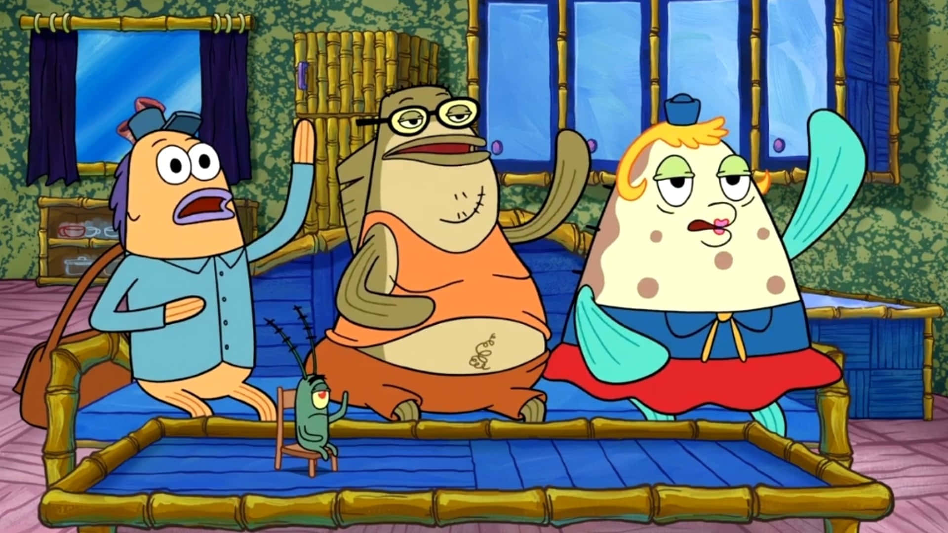 Bubble Bass 桌布 壁紙 — 三個動畫魚角色坐在一個色彩繽紛的水下房間裡的竹床上，表情驚訝和不悅。