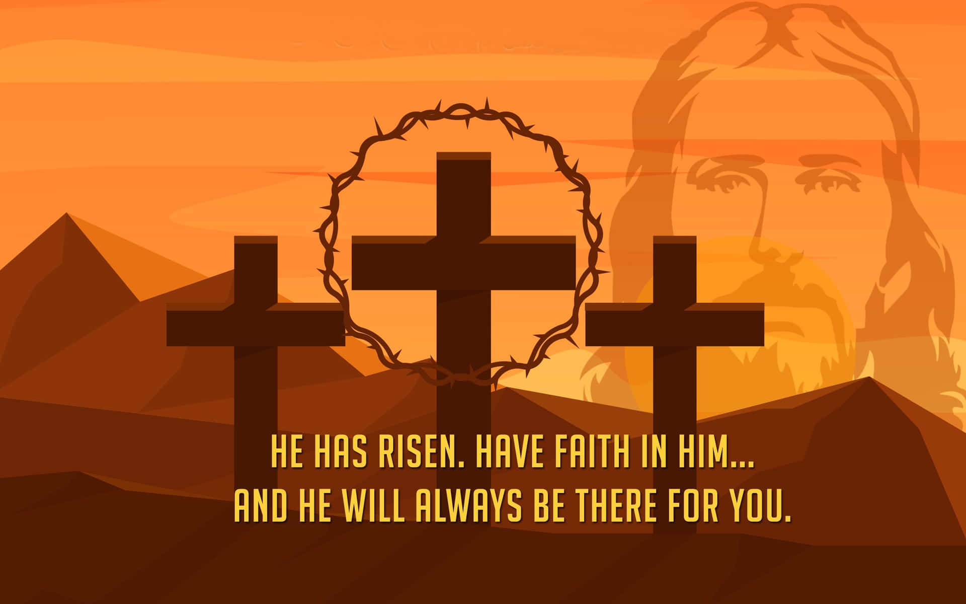 Religious Easter 桌布 壁紙 — 三個十字架，中央的十字架被荊棘冠環繞，背景是溫暖的橙色日落，其後有耶穌的模糊剪影。