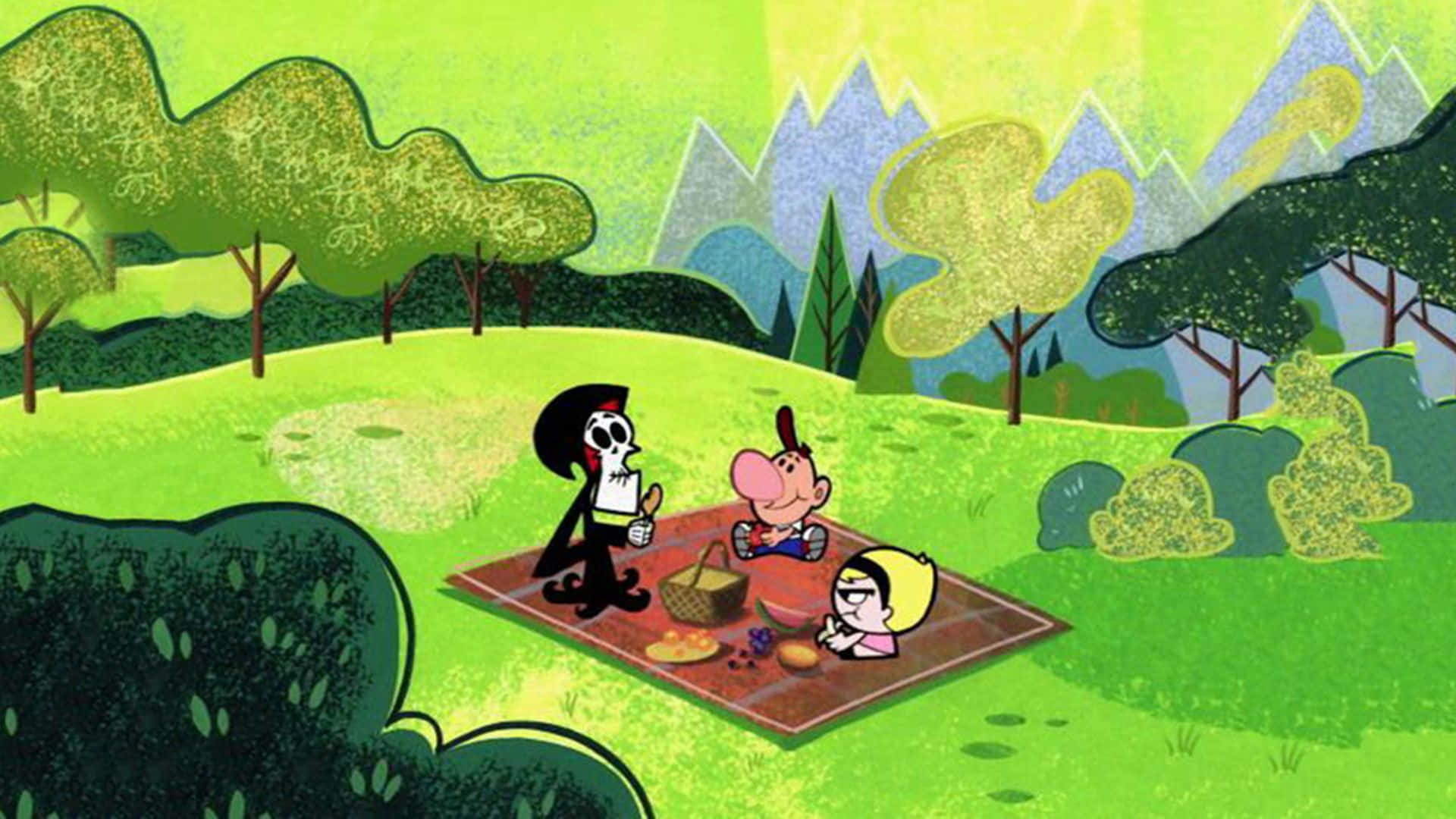the grim adventures of billy and mandy 桌布 壁紙 — 三個卡通人物在一個充滿活力的綠色森林中，在紅色毯子上享受野餐，遠處有山脈。