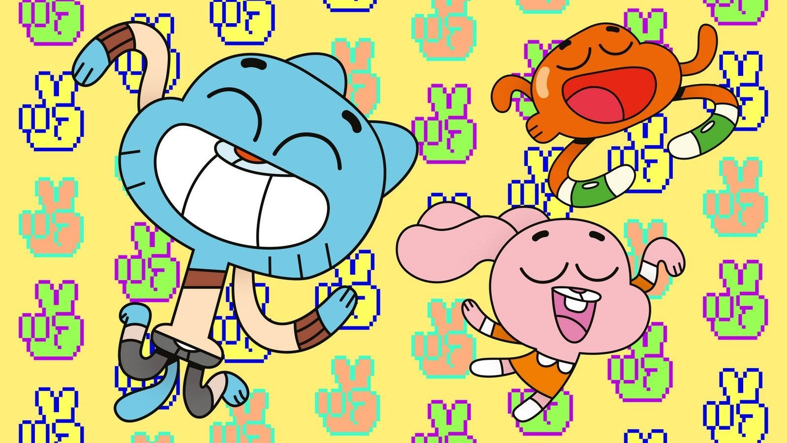 Cartoon Network Characters 桌布 壁紙 — 三個卡通人物在充滿像素化和平標誌的鮮黃色背景上歡快地跳躍。