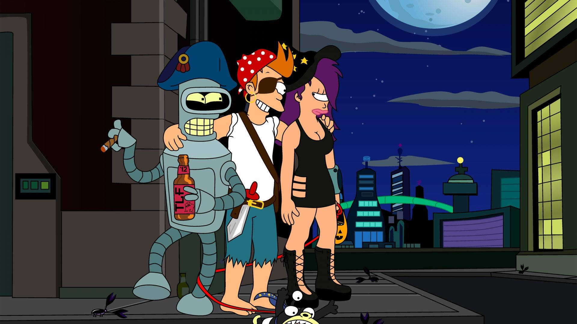 Futurama 桌布 壁紙 — 三個卡通人物在夜晚的屋頂上派對，背後有城市天際線和滿月。