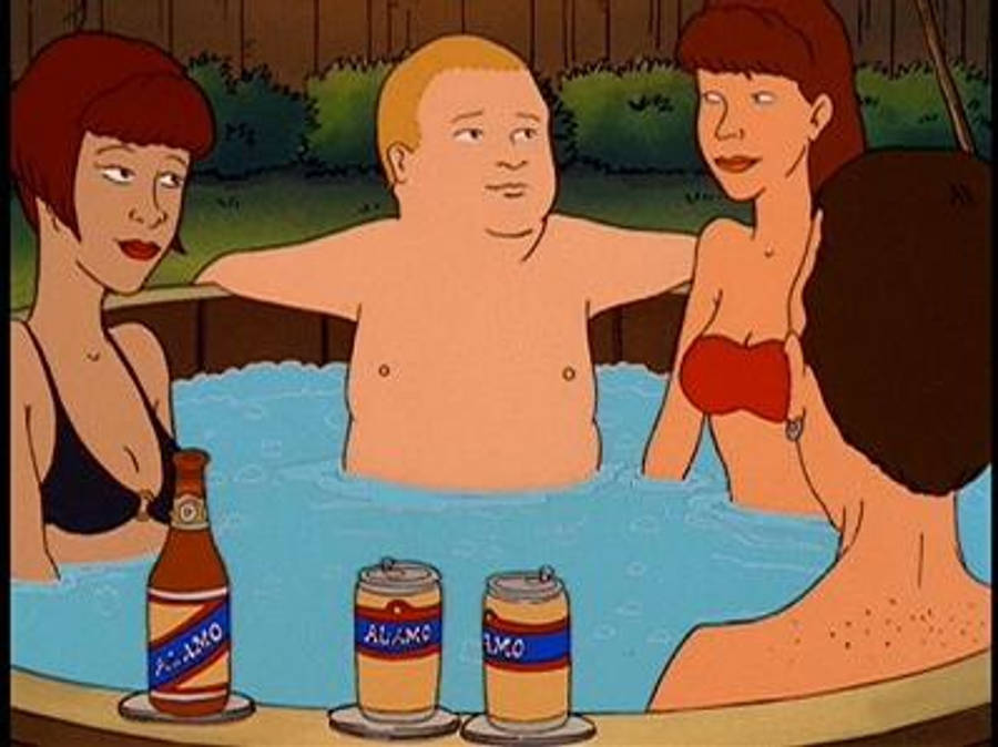Bobby Hill 桌布 壁紙 — 三個卡通人物在熱水浴缸中放鬆，附近漂浮著啤酒瓶和罐。
