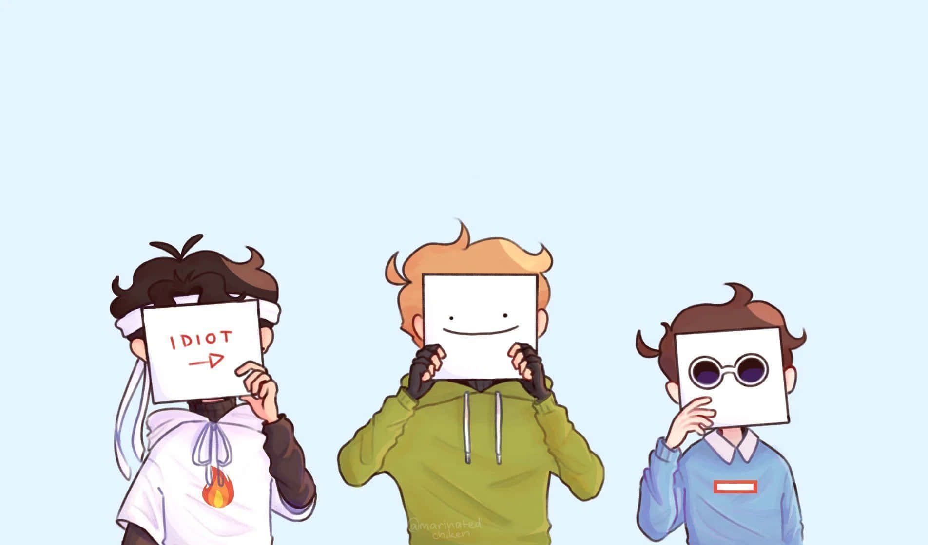 Animated 桌布 壁紙 — 三個卡通人物用紙面具遮住臉，其中一個舉著寫有「白痴」和箭頭的牌子。