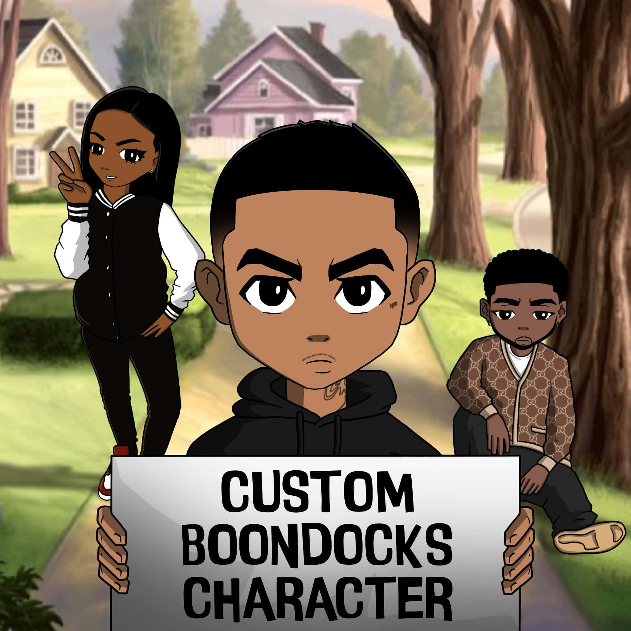 Cute Boy Cartoon 桌布 壁紙 — 三個卡通人物站在一個郊區庭院，其中一個舉著寫有 custom boondocks character 的牌子