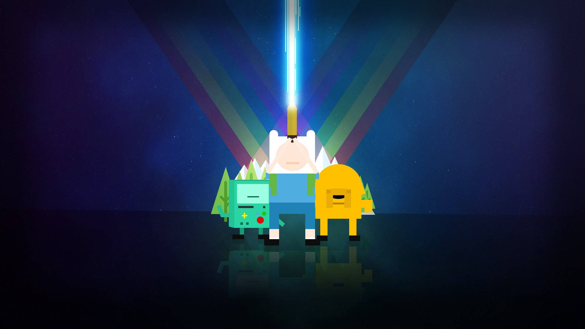 adventure 桌布 壁紙 — 三個卡通人物站在一道耀眼的光束下，背景是黑暗的星空，下方有倒影。