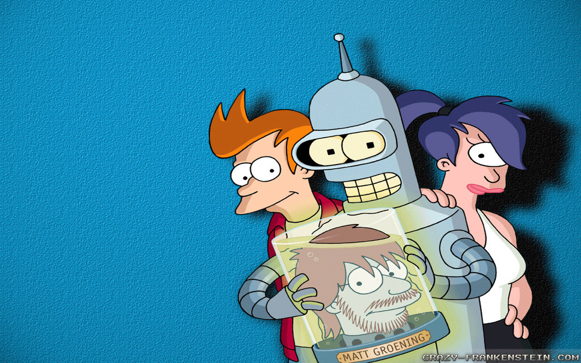 Futurama 桌布 壁紙 — 三個卡通人物站在有紋理的藍色牆前，其中一個拿著一個玻璃罐，裡面裝著一個鬍鬚男人的頭。