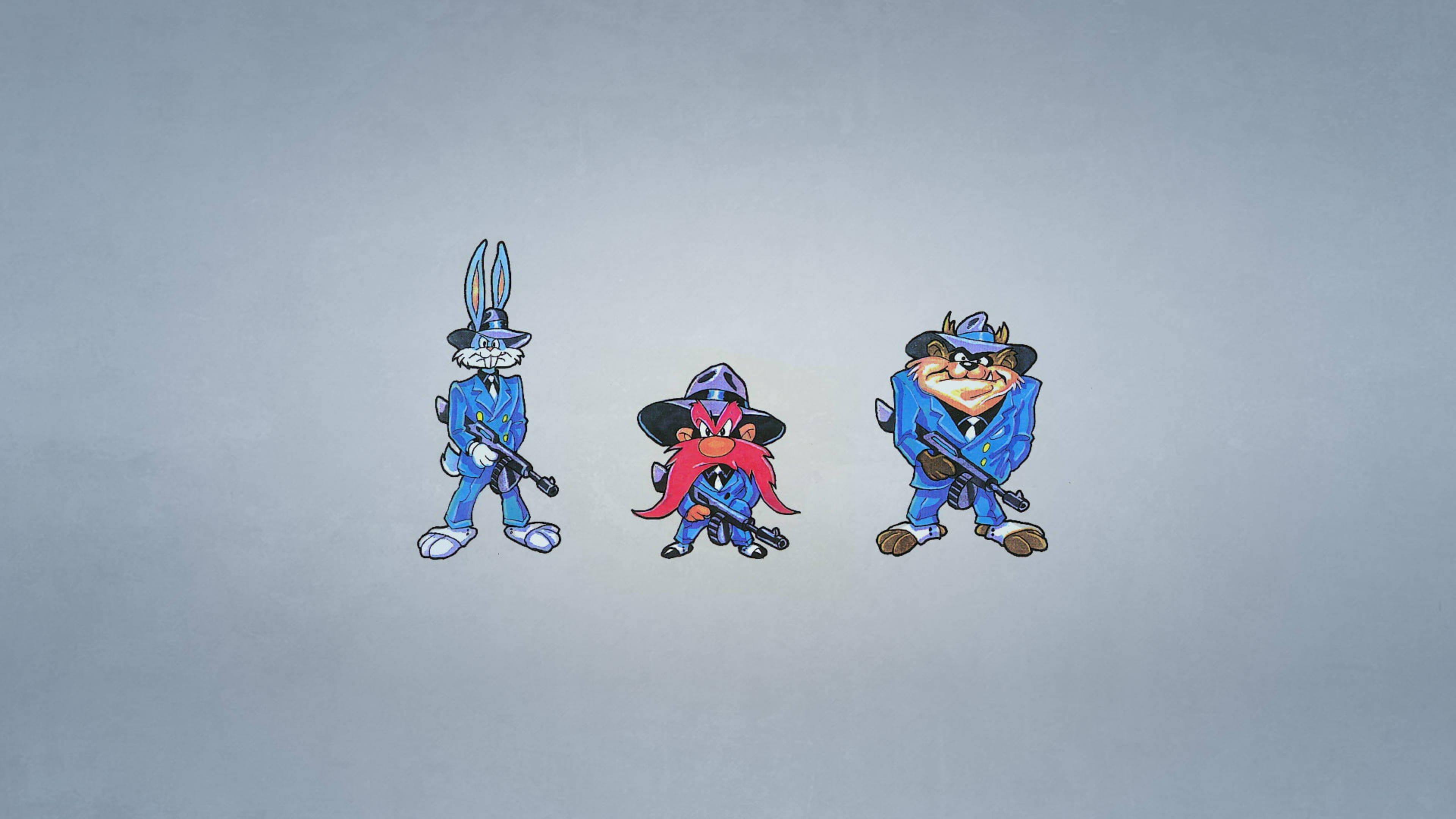 Yosemite Sam 桌布 壁紙 — 三個卡通人物身穿藍色西裝和帽子，在純灰色背景前持槍。
