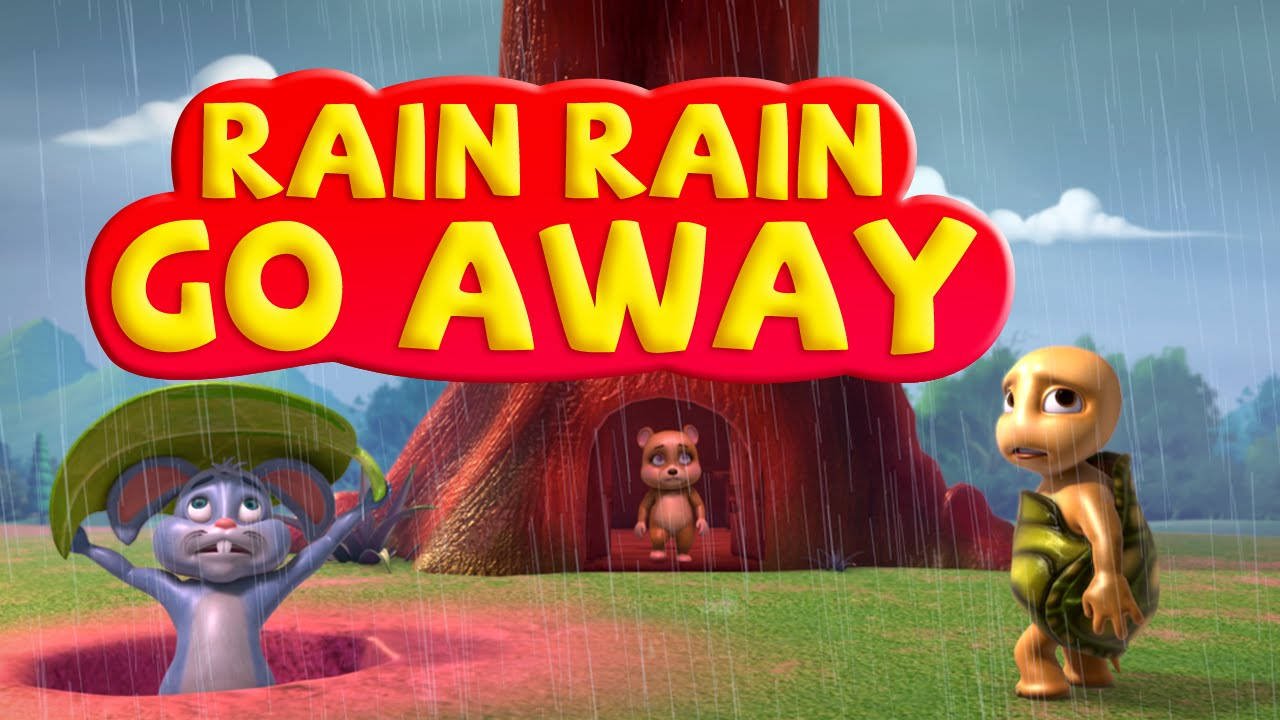 熊 桌布 壁紙 — 三個卡通動物在雨中森林場景中，有一個大樹屋和上方粗體 'RAIN RAIN GO AWAY' 文字。