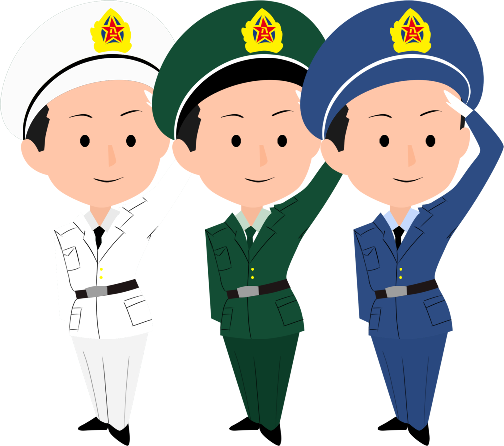 Clip Art 桌布 壁紙 — 三個卡通士兵穿著白色、綠色和藍色制服，戴著星形徽章的帽子，在黑色背景前敬禮。