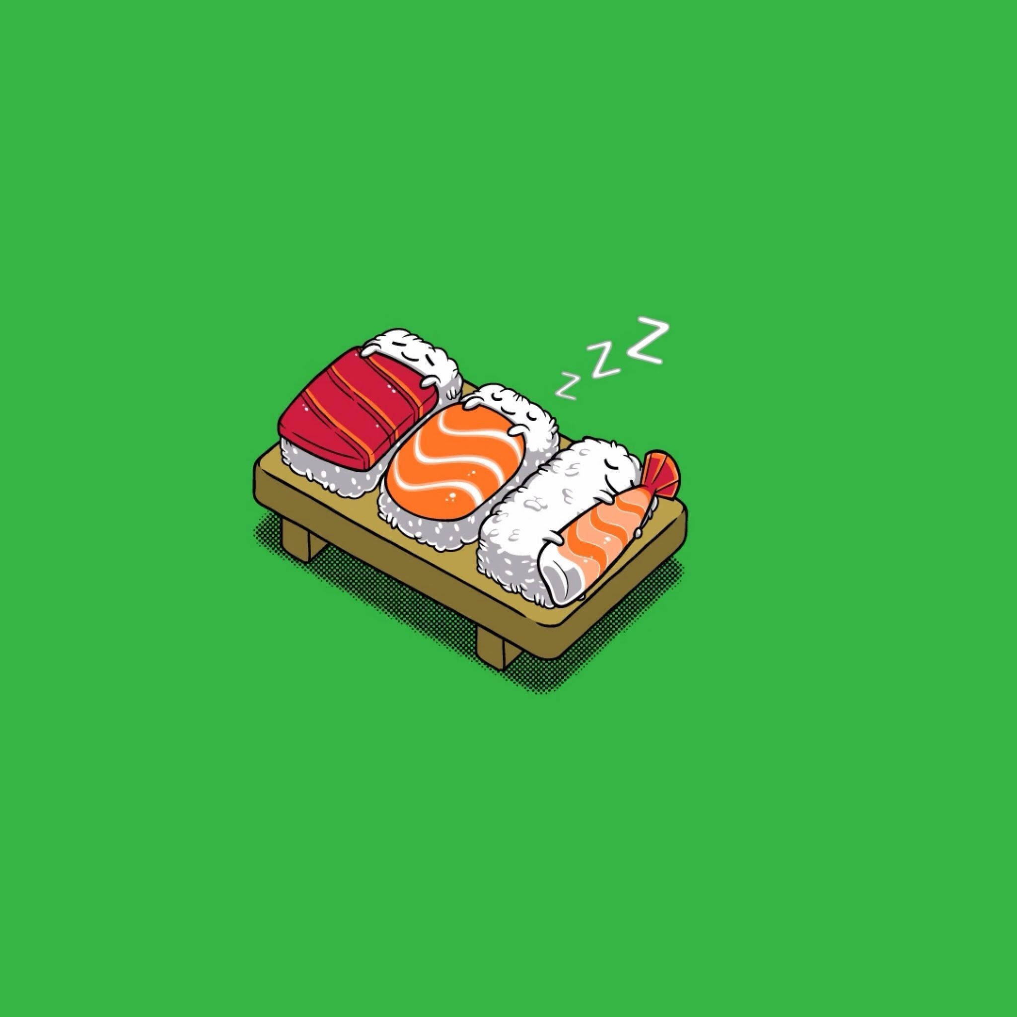Sushi 桌布 壁紙 — 三個卡通壽司在一個木托盤上，在明亮的綠色背景前安詳地睡覺。