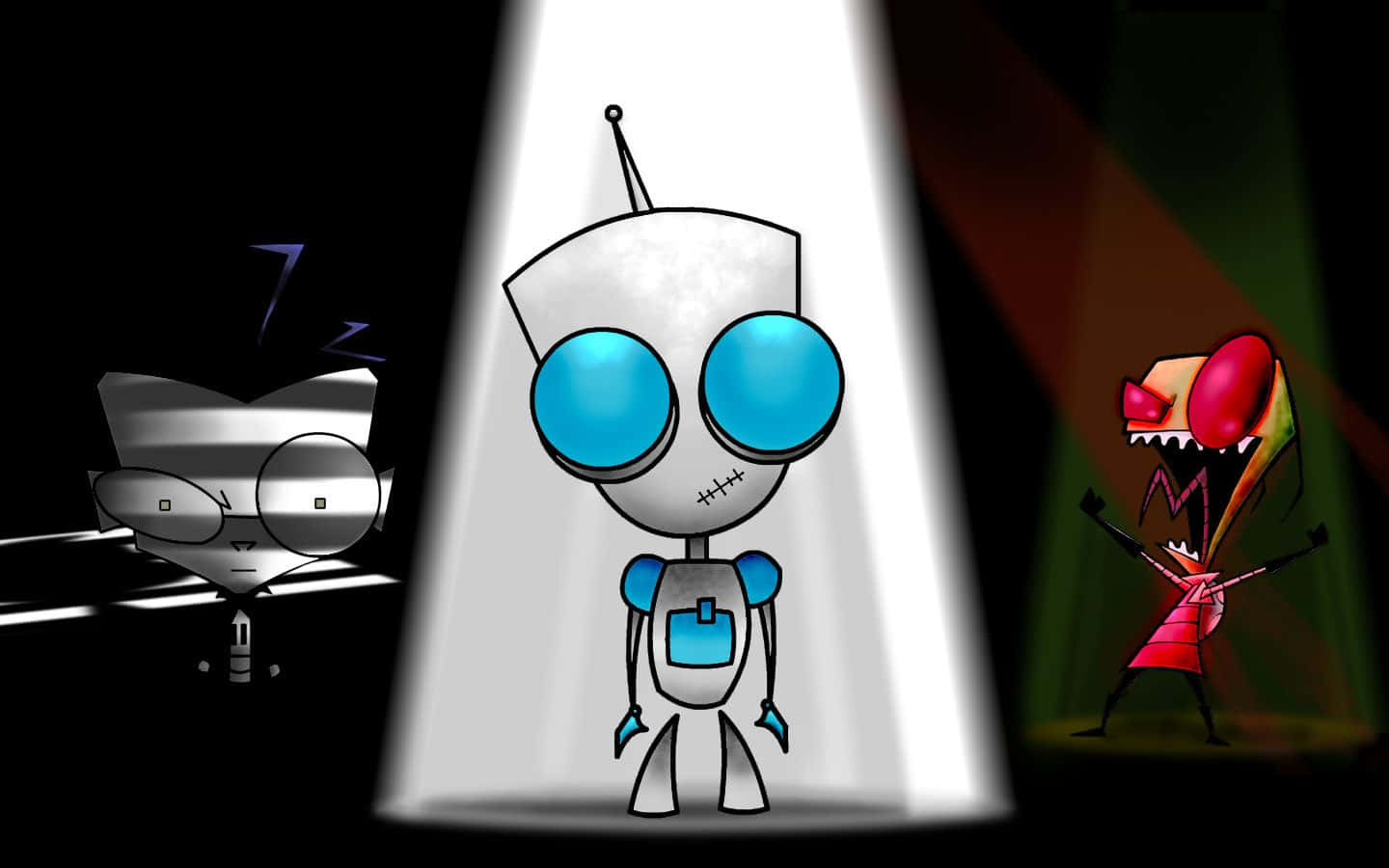 Invader Zim 桌布 壁紙 — 三個卡通外星人在黑暗舞台上處於戲劇性聚光燈下，一個睏倦，一個發光，一個尖叫。
