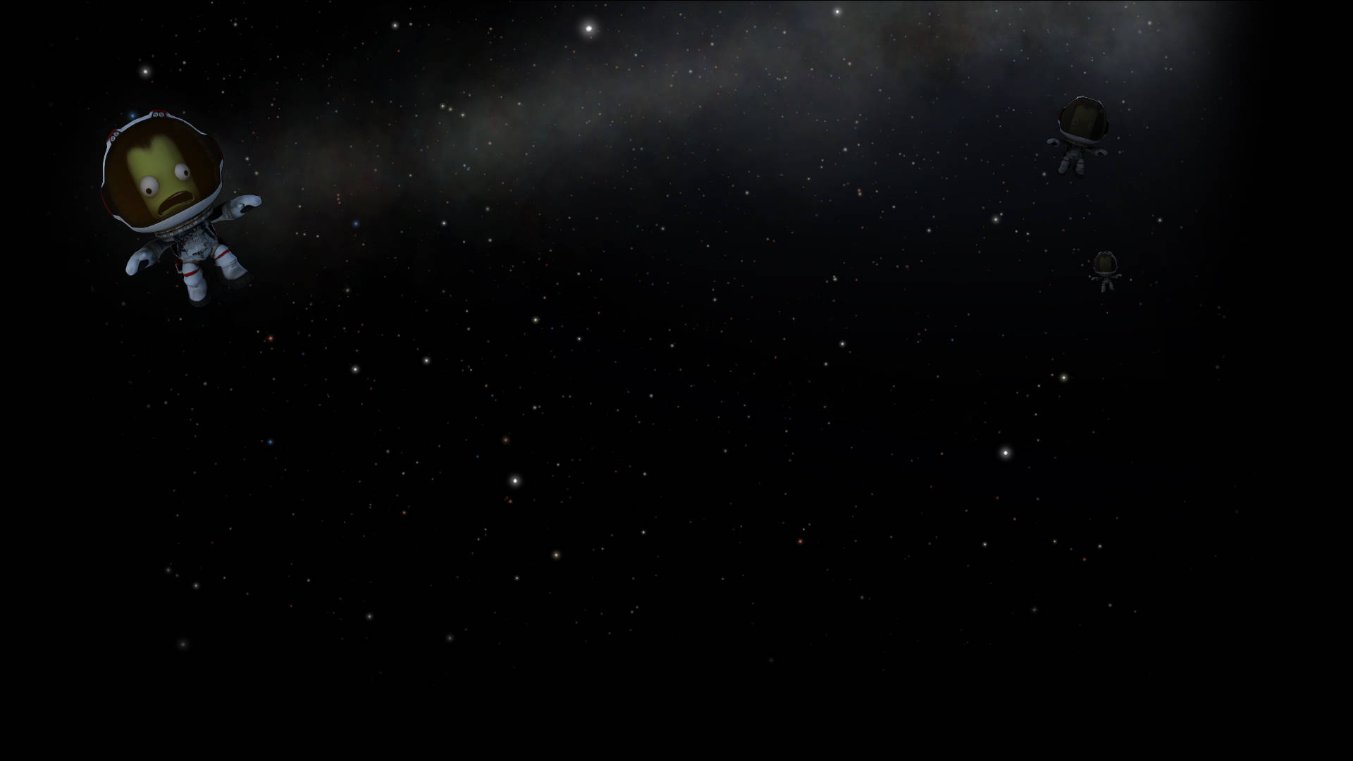 Program 桌布 壁紙 — 三個卡通太空人在佈滿星星的宇宙虛空中漂浮，遠處有發光的星雲。