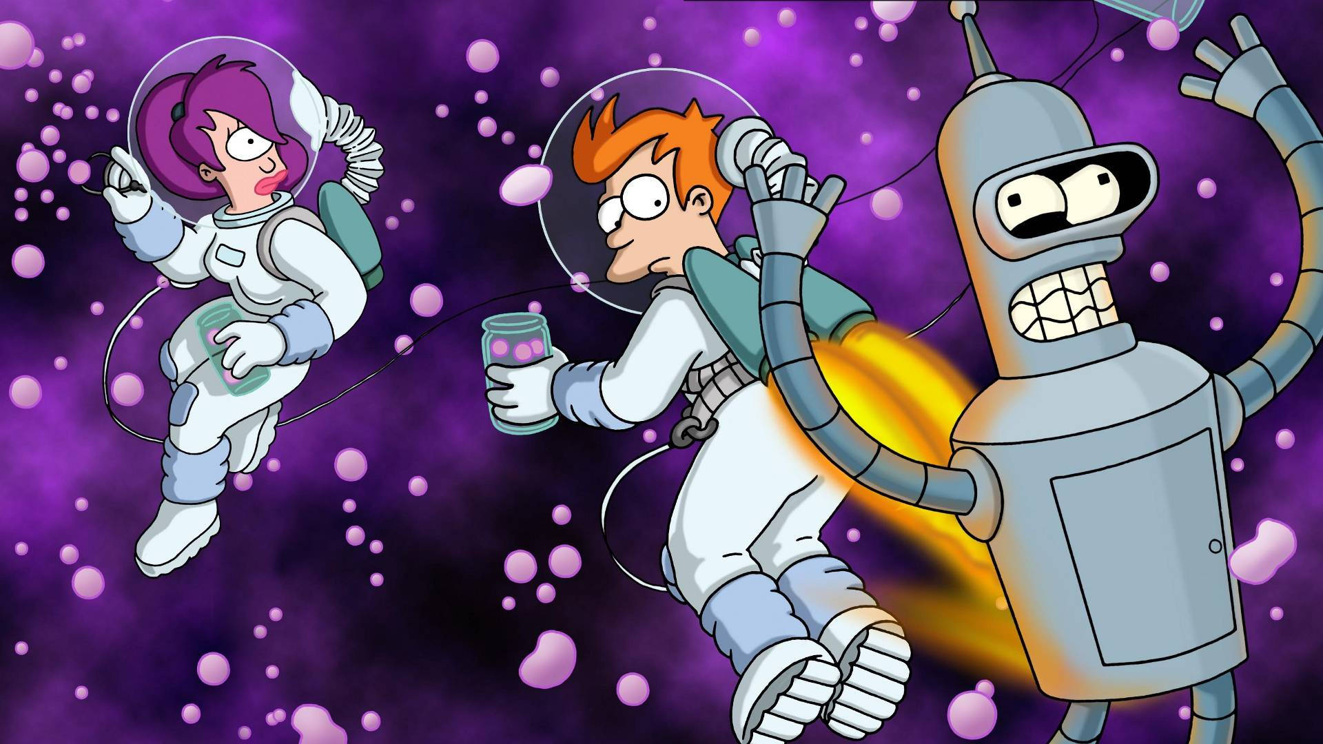 Futurama 桌布 壁紙 — 三個卡通太空人漂浮在紫色星雲中，帶有粉紅色氣泡，一個機器人噴射噴射背包，同時拿著飲料。