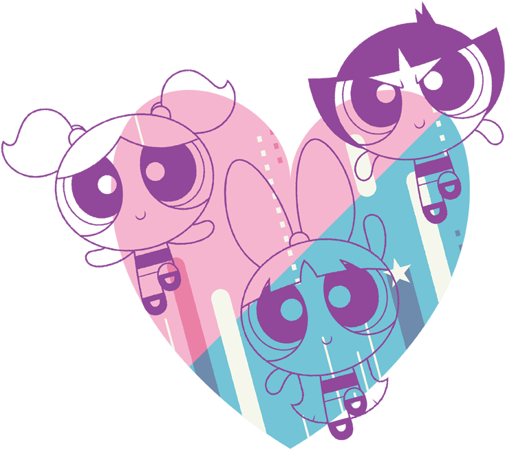 Powerpuff Girls 桌布 壁紙 — 三個卡通女孩，分別穿著粉紅色、藍色和紫色，形成一個心形，帶有音符和星星裝飾。