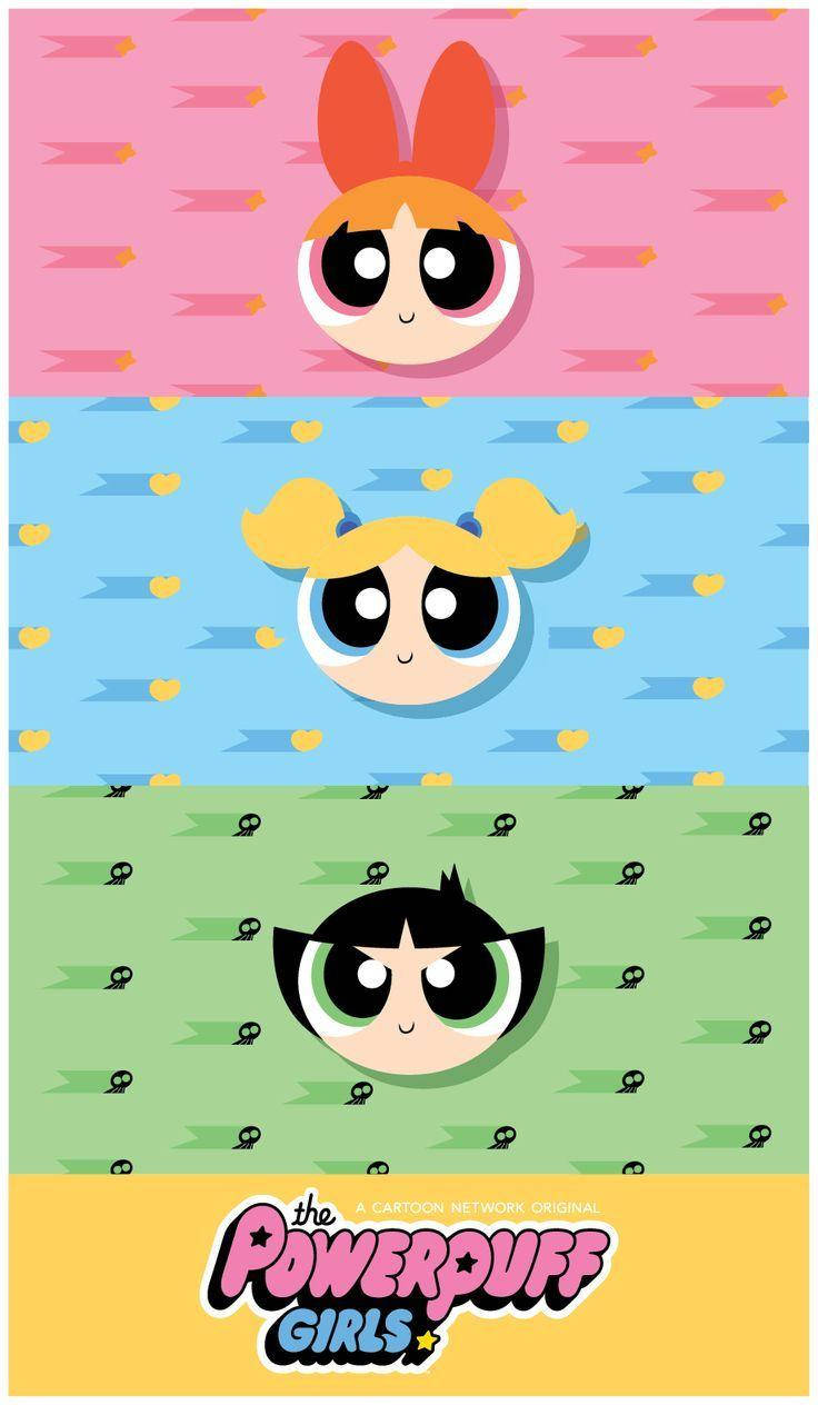 girls 桌布 壁紙 — 三個卡通女孩，大眼睛，頭髮顏色各異，漂浮在帶有圖案背景的彩色帶中。