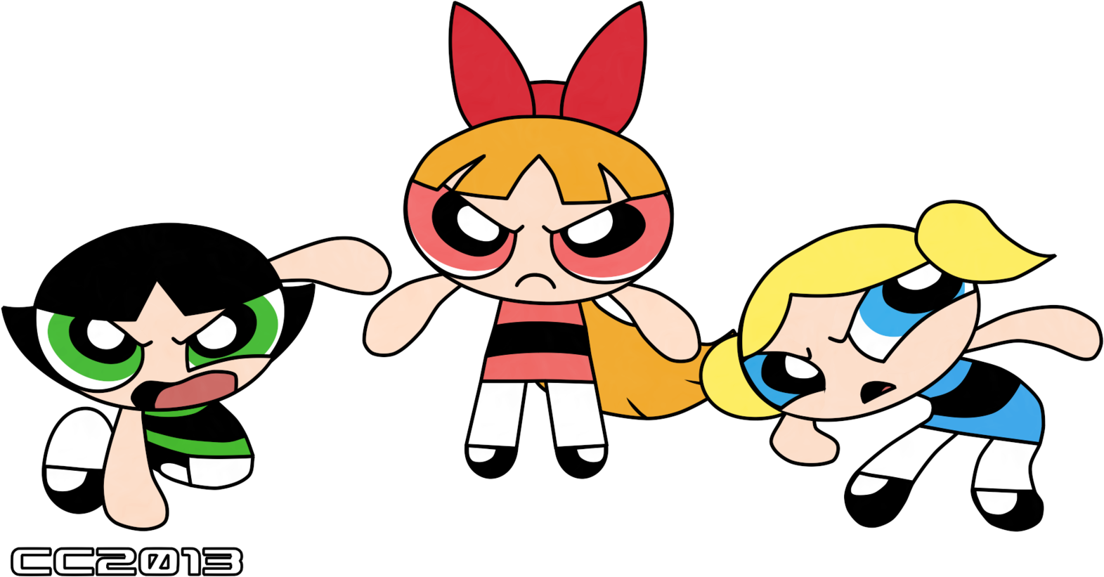Powerpuff Girls 桌布 壁紙 — 三個卡通女孩，大眼睛，頭髮顏色鮮明，一字排開站在黑色背景前，每個都帶著兇猛的表情。