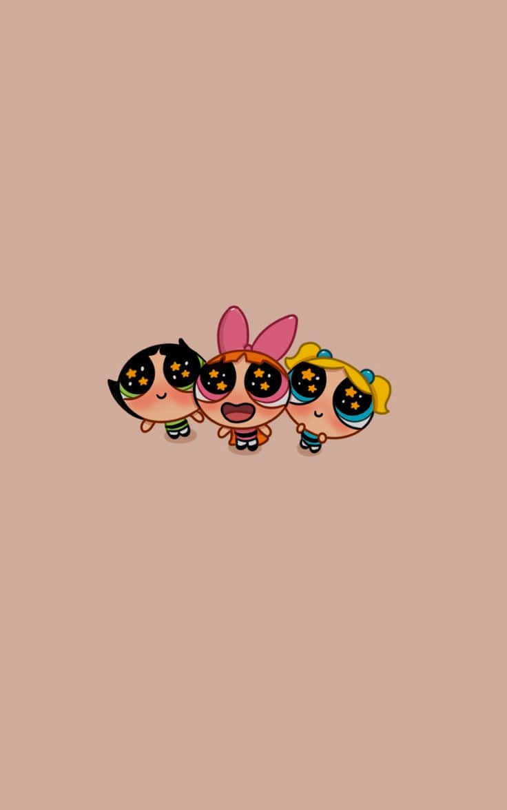 Powerpuff Girls 桌布 壁紙 — 三個卡通女孩，有著星星眼和彩色頭髮，一起站在純米色背景前。