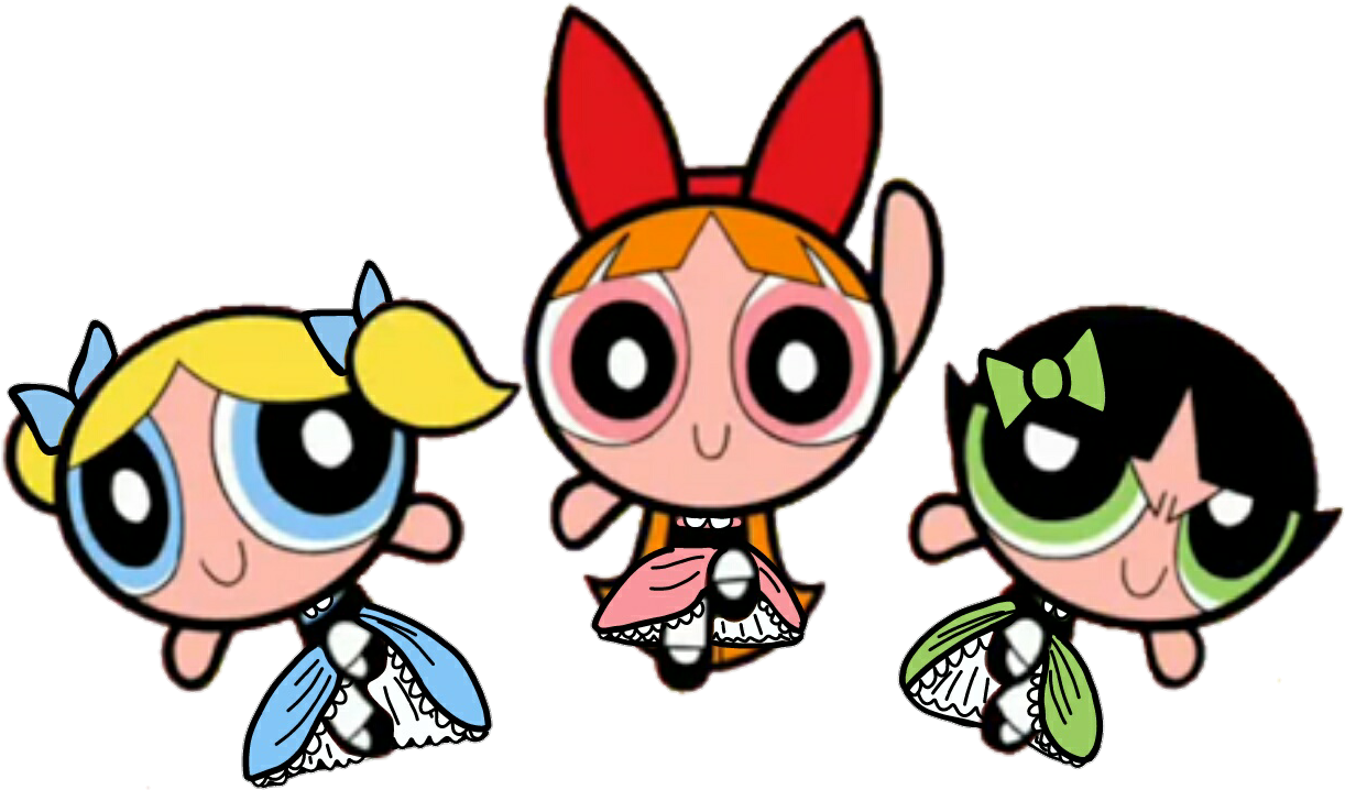 Powerpuff Girls 桌布 壁紙 — 三個卡通女孩，有著超大的眼睛和天線，在黑色背景上飛翔。