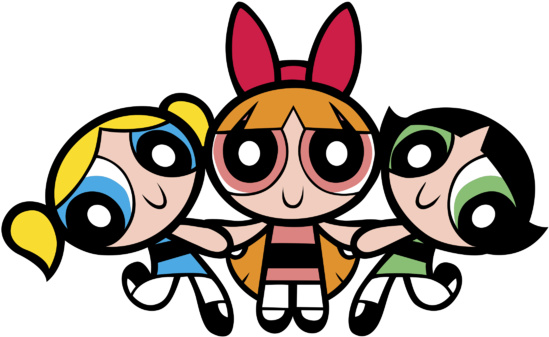 Powerpuff Girls 桌布 壁紙 — 三個卡通女孩，有著超大眼睛和彩色頭髮，在黑色背景前手挽手站著。