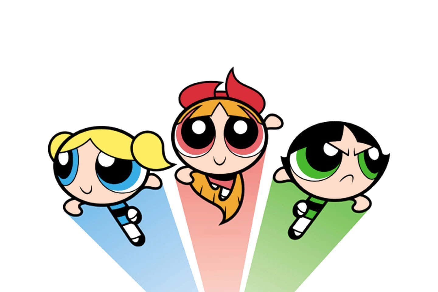 Powerpuff Girls Aesthetic 桌布 壁紙 — 三個卡通女孩，眼睛超大，在白色背景上飛過彩色光束。