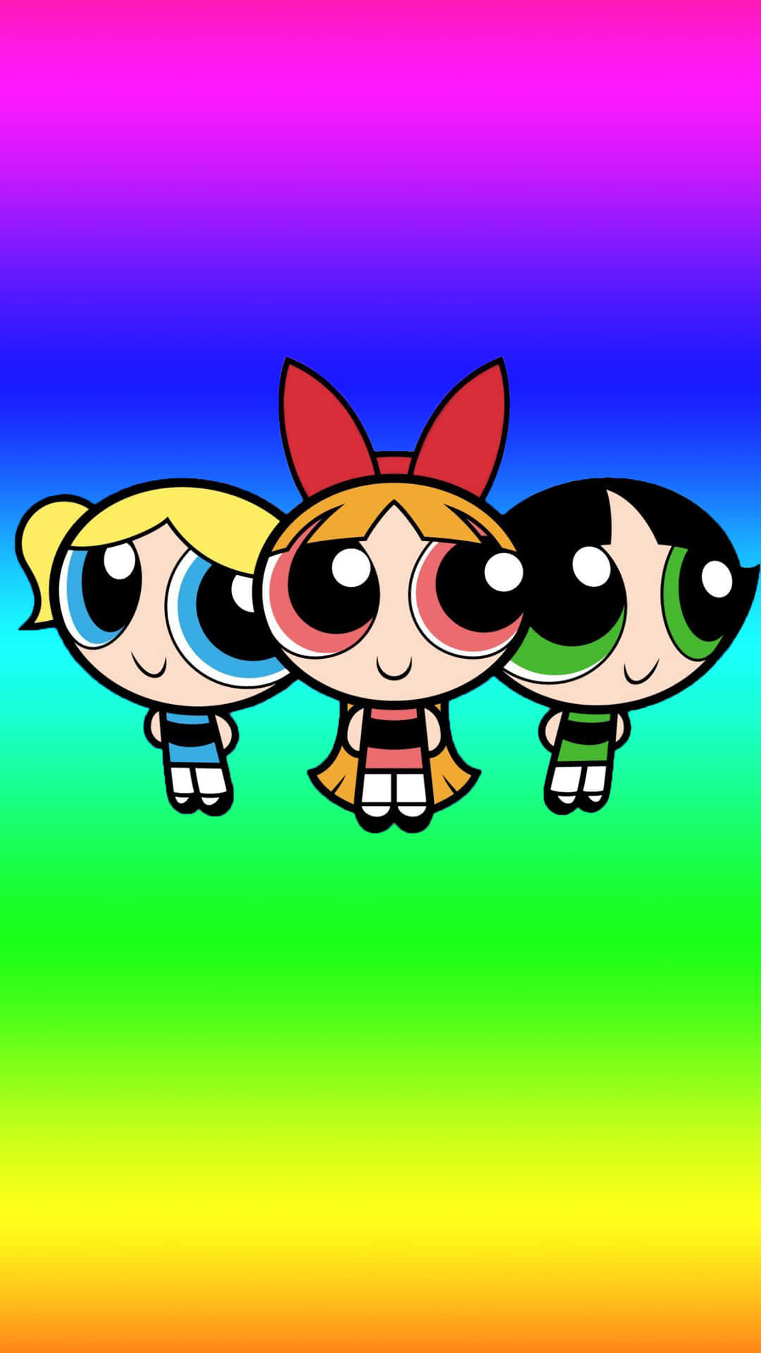 Powerpuff Girls 桌布 壁紙 — 三個卡通女孩，眼睛超大，站在充滿活力的彩虹漸變背景前。