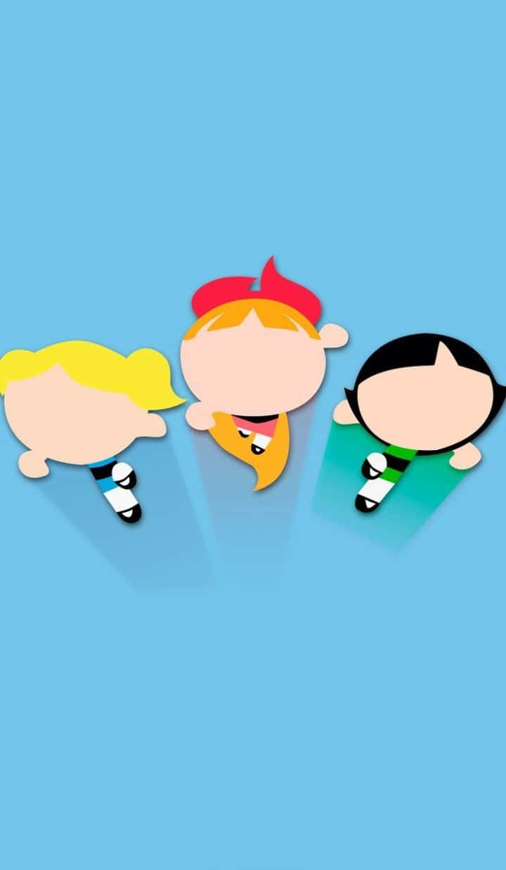 Powerpuff Girls Aesthetic 桌布 壁紙 — 三個卡通女孩以超級英雄姿勢站在純藍色背景上，帶有柔和陰影。