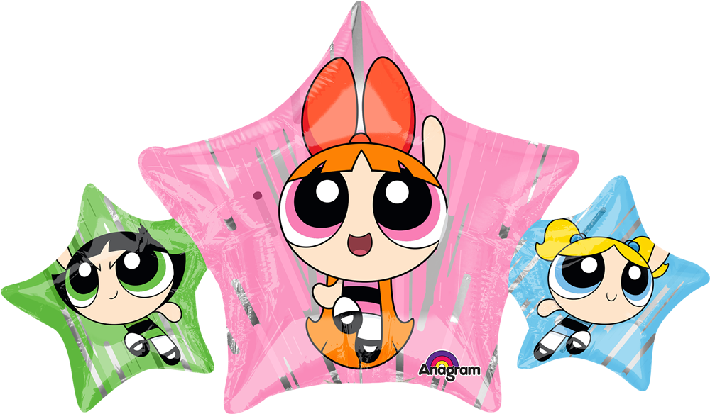 Powerpuff Girls 桌布 壁紙 — 三個卡通女孩在星形氣球中，有大眼睛和色彩繽紛的服裝，在黑色背景上漂浮。