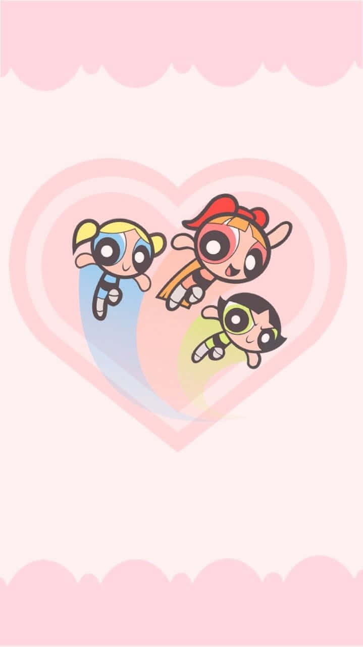 Cute Cartoon Characters 桌布 壁紙 — 三個卡通女孩在柔和的粉紅色愛心內快樂地飛翔，背景為粉彩色。