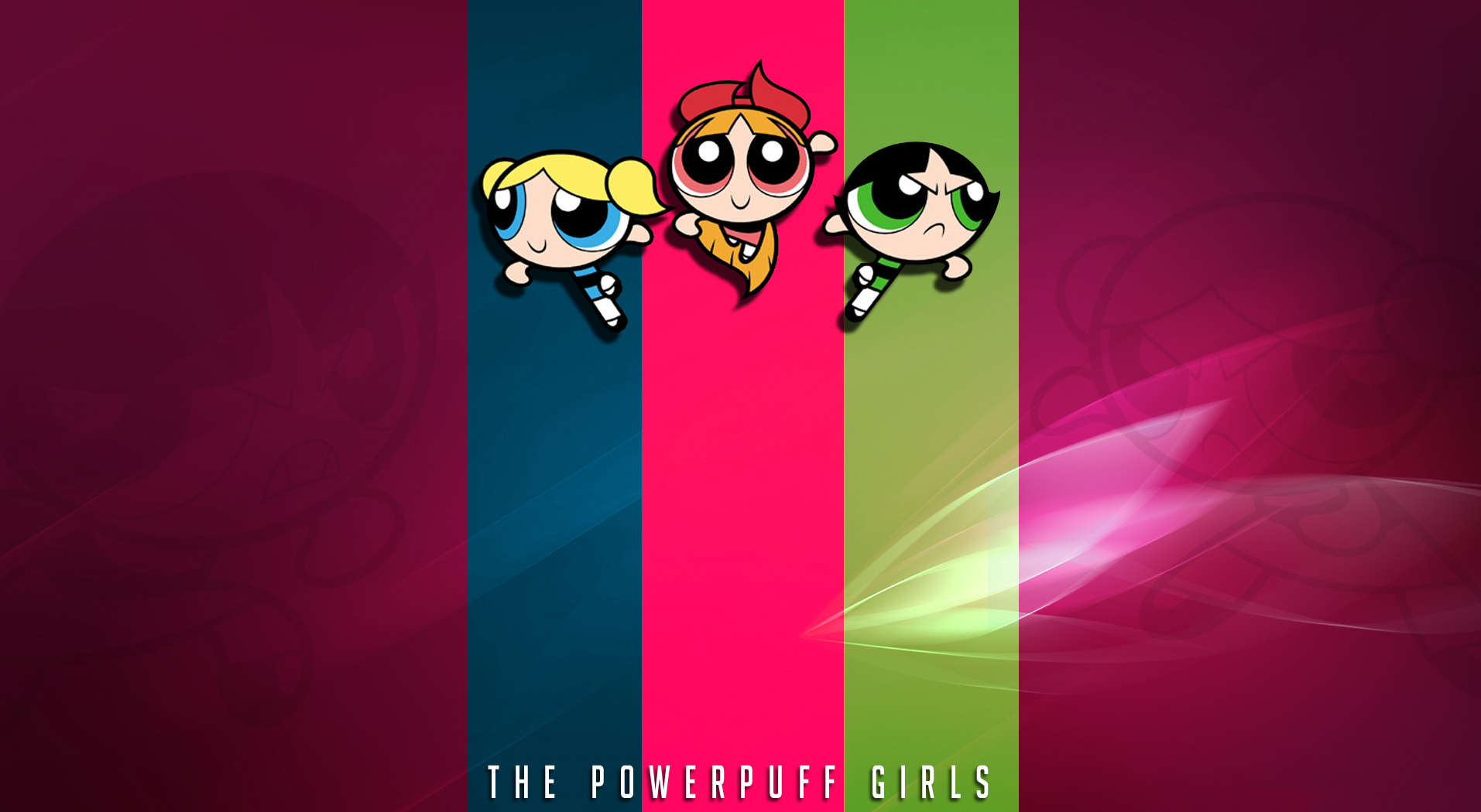 Powerpuff Girls 桌布 壁紙 — 三個卡通女孩飛過洋紅色、藍綠色、粉紅色和綠色的粗垂直條紋，背景為漸變色。
